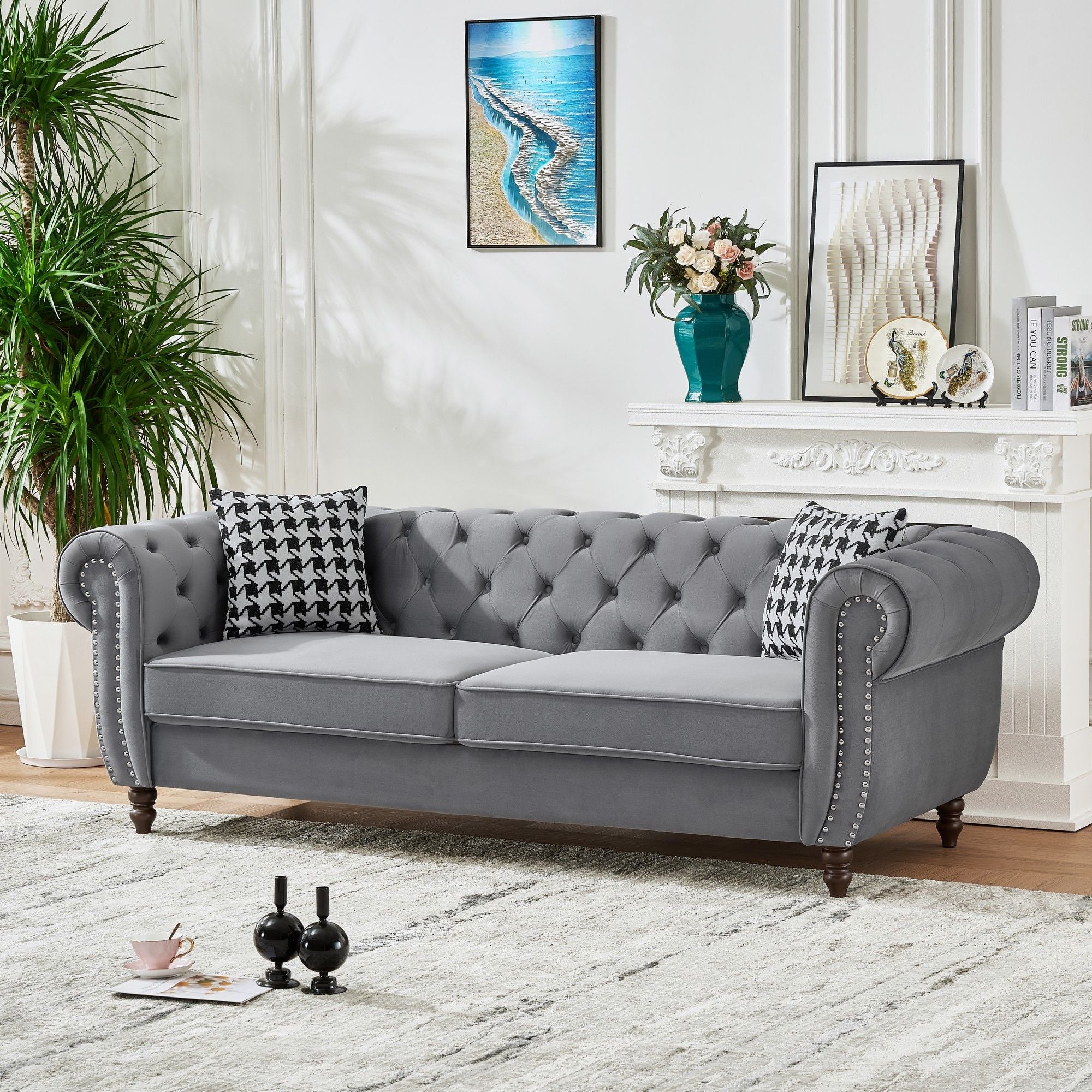 Chesterfield Velvet Upholstery Fabric Sofa With Roll Armrest & Nailhead, Mid Century Modern 3 And 3 Seater Couch