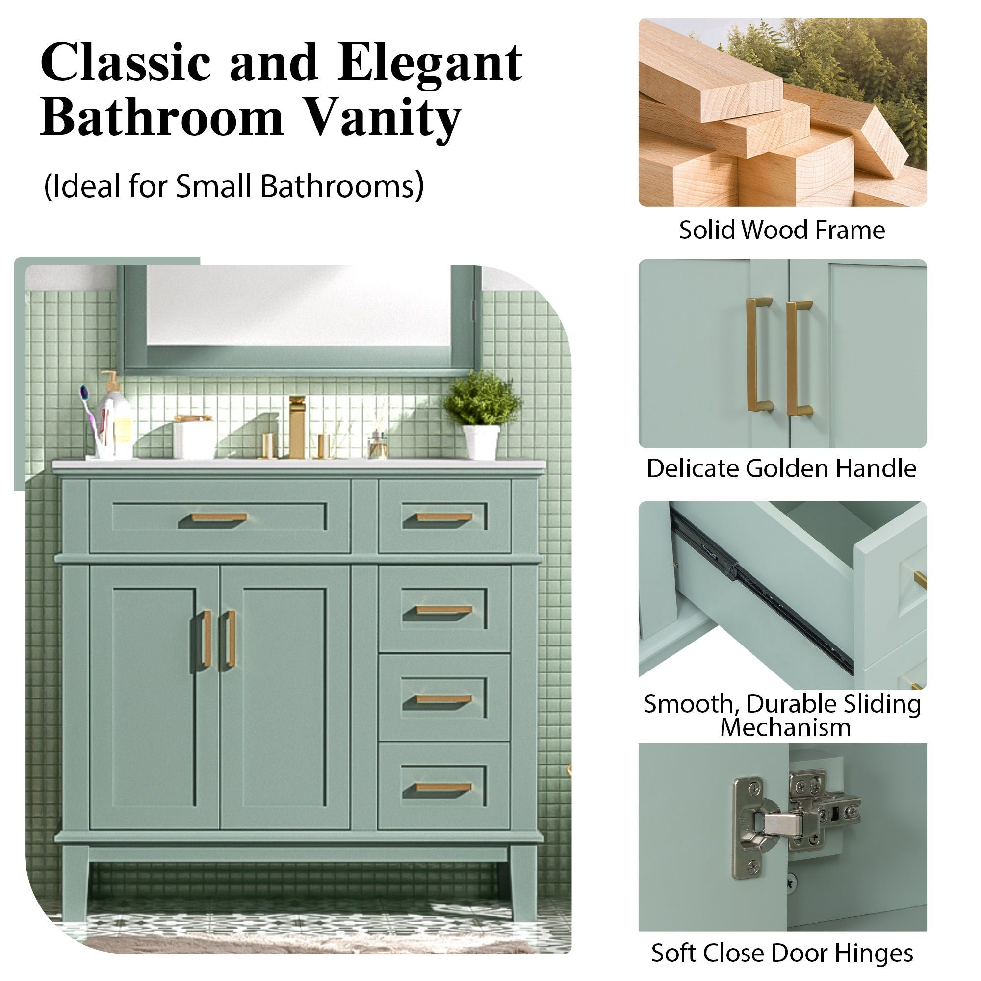 36" Bathroom Vanity With Sink, Soft Close Doors, And Storage Drawers - Green