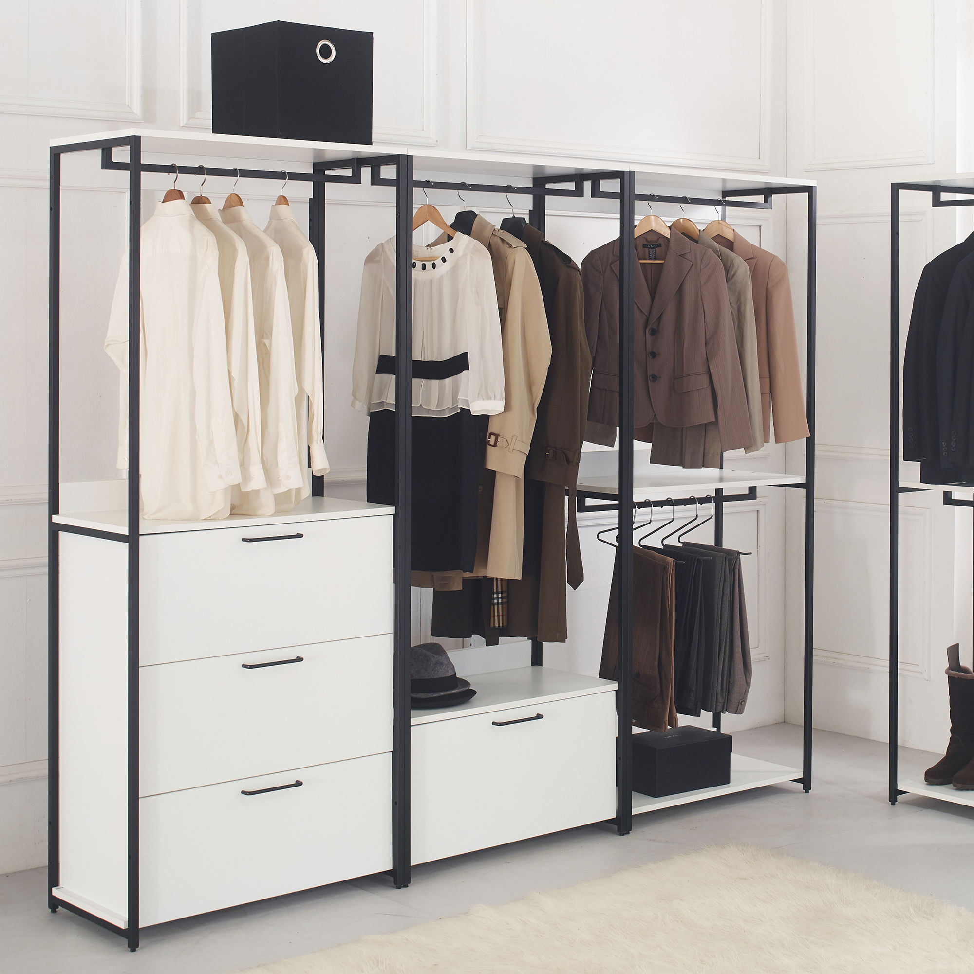 Fiona - Freestanding Walk In Wood Closet System, Metal Frame Melamine - White