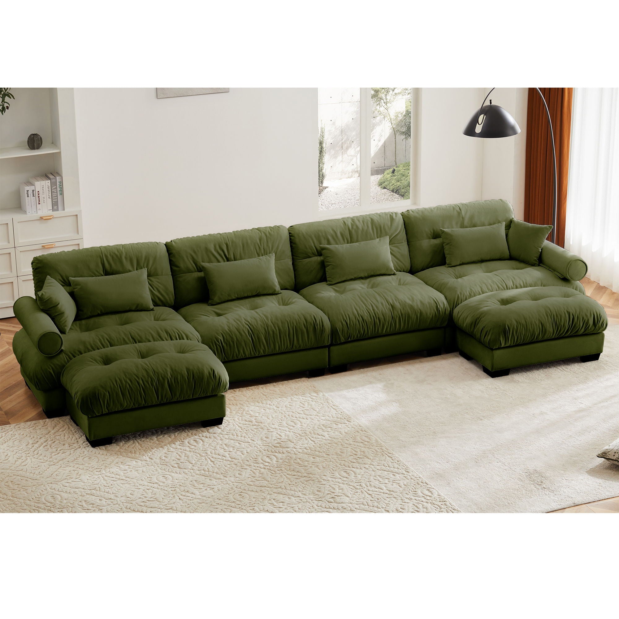 Modern Sectional Sofa With Ottoman, Round Bolster Armrests, Waist And Throw Pillows