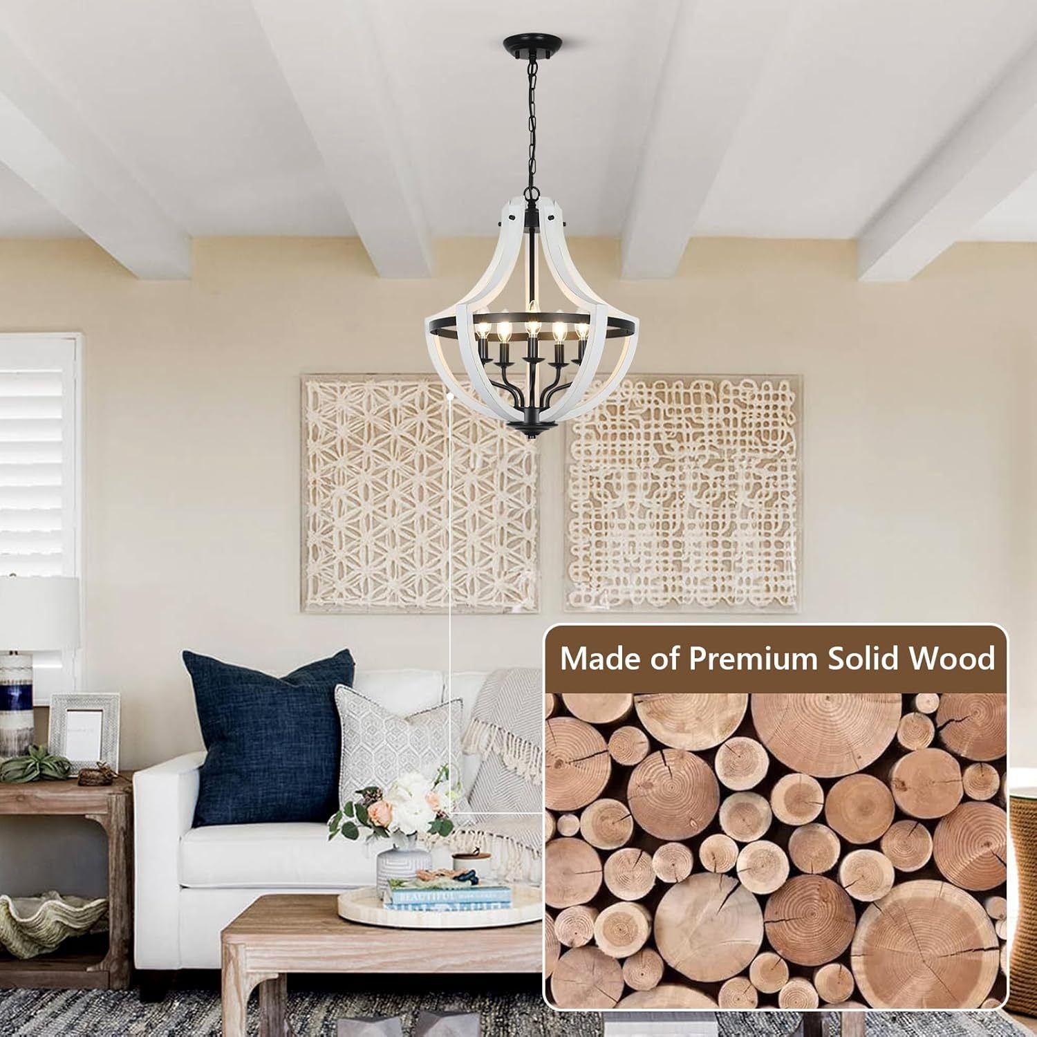 5-Light Convertible White Wood Farmhouse Chandelier