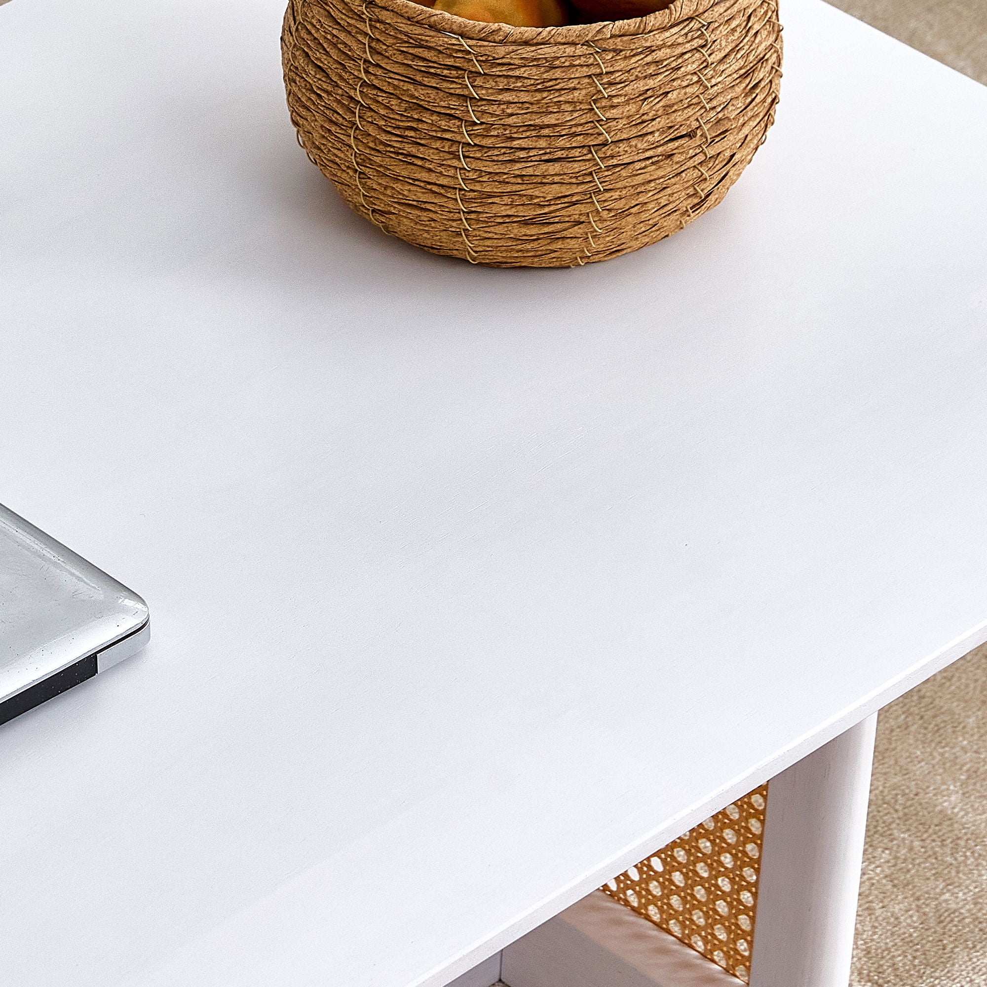 Chinese Style White Solid Wood And Imitation Rattan Coffee Table