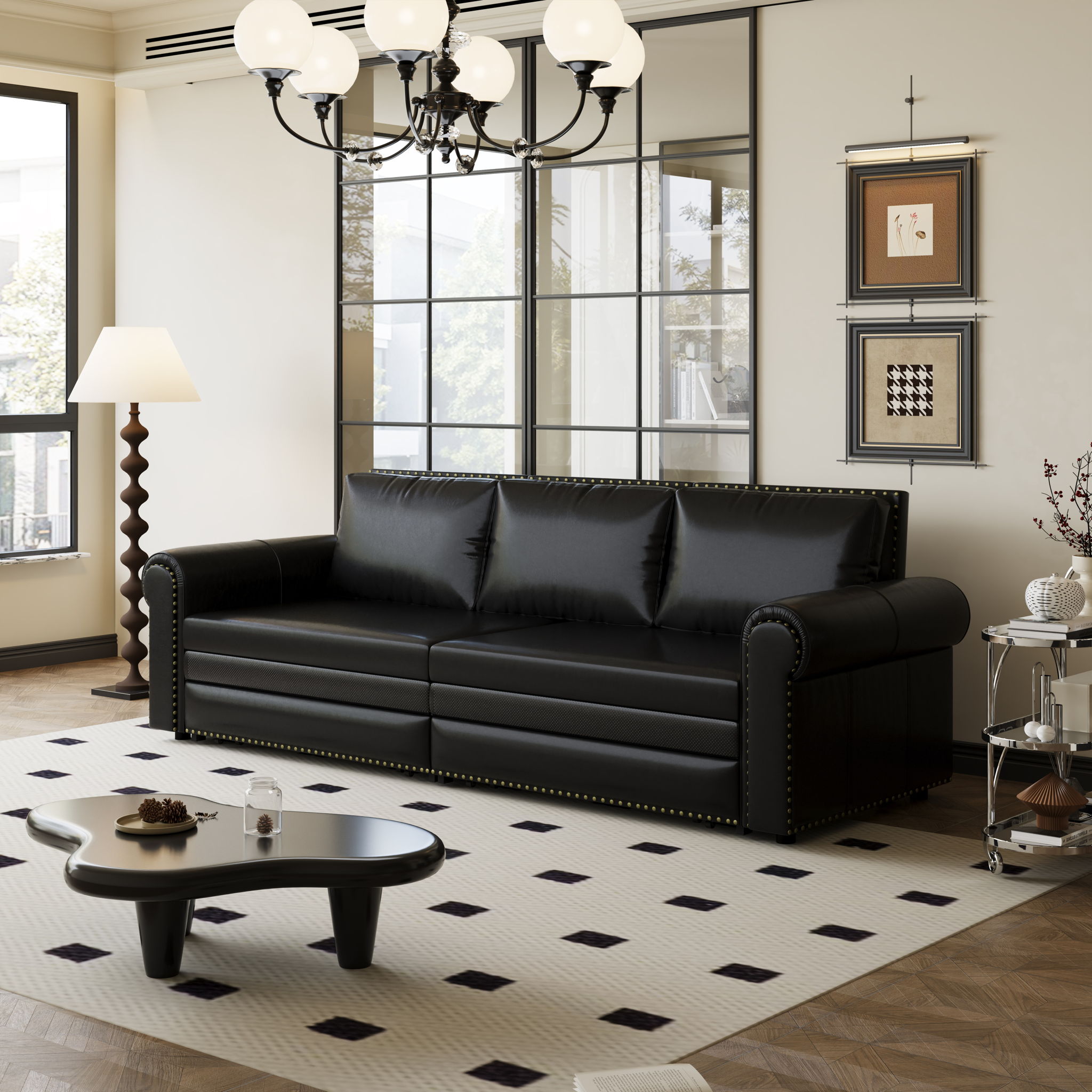 3 In 1 Convertible Sleeper Sofa With Nailhead Trim & Rolled Arm