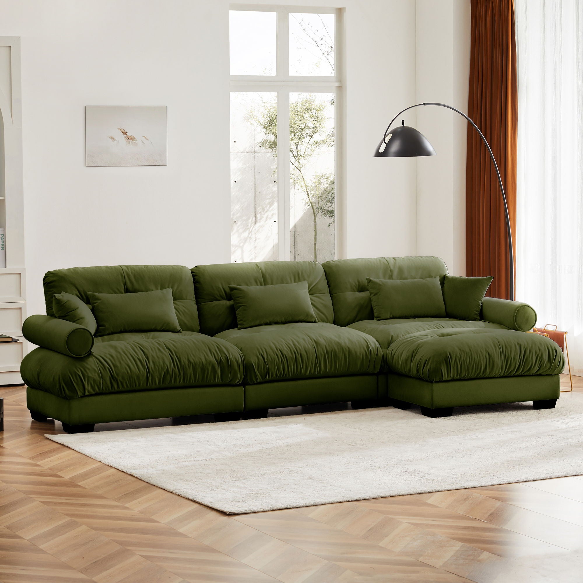 Modern Sectional Sofa With Ottoman, Round Bolster Armrests, Waist And Throw Pillows
