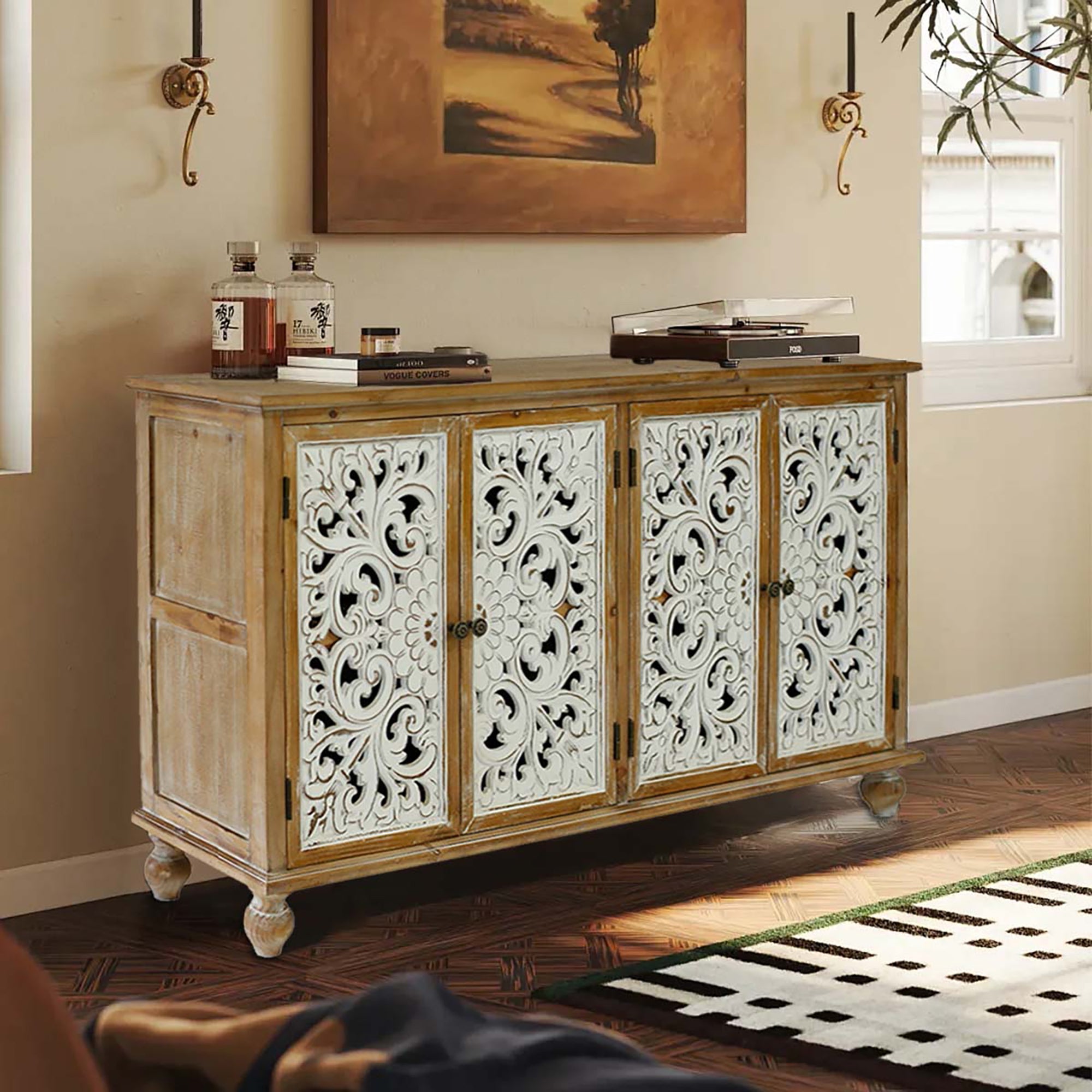 Accent Cabinet With 4 Doors Farmhouse Sideboard Buffet Cabinet