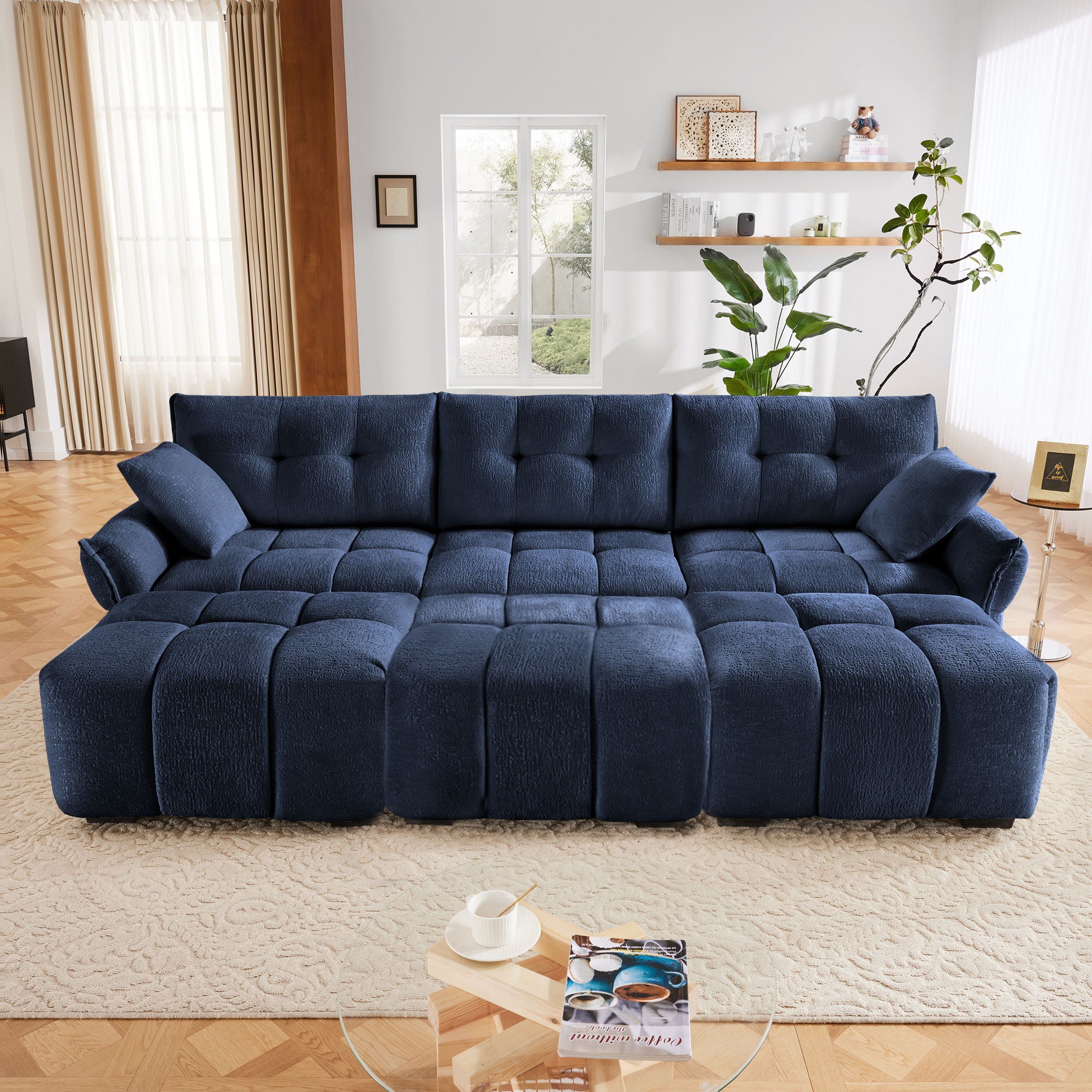 Sofa Set With Ottoman And Pillows, Textured, High Resilience Cushions