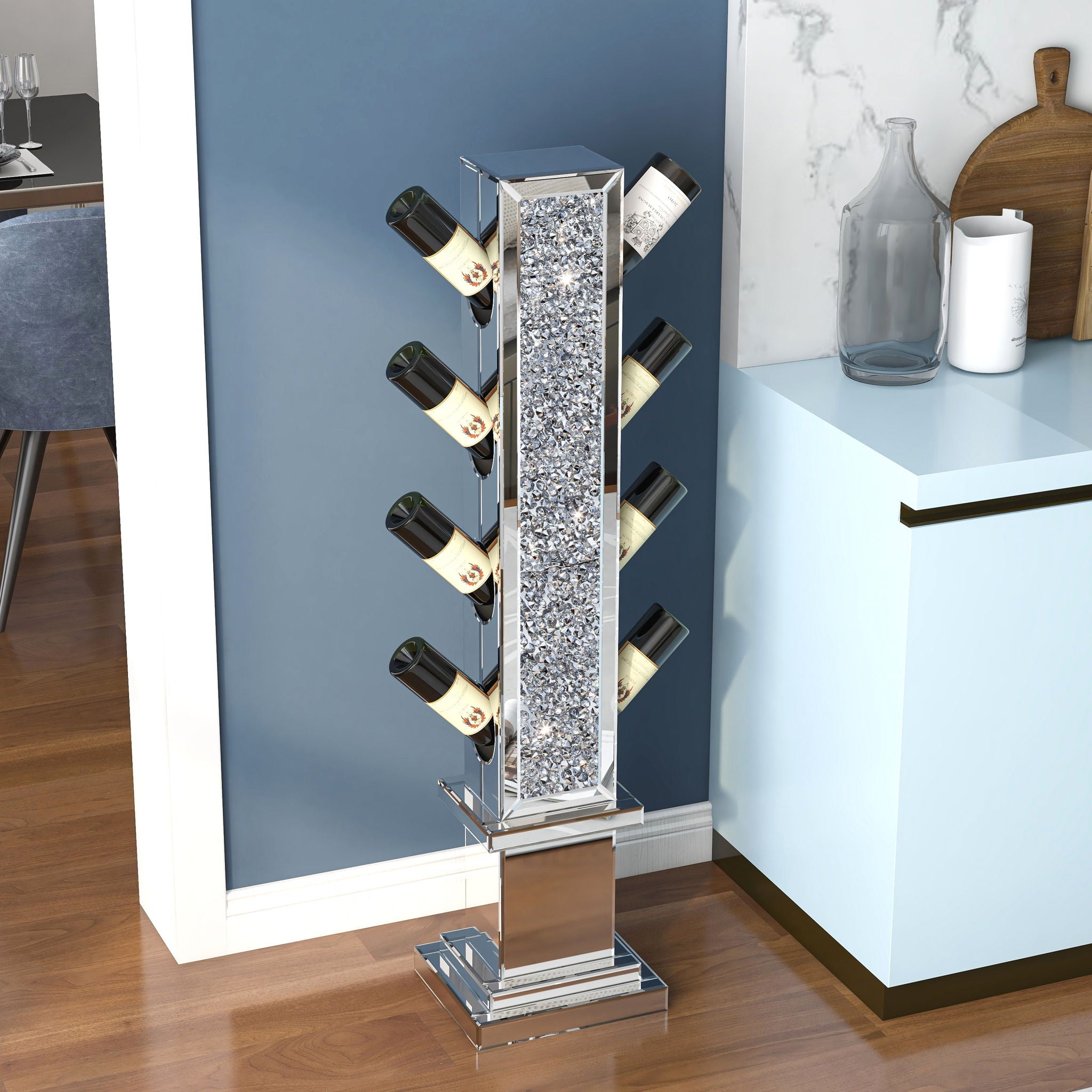 Crushed Diamond Floating Mirrored Wine Bottle Holder - Silver