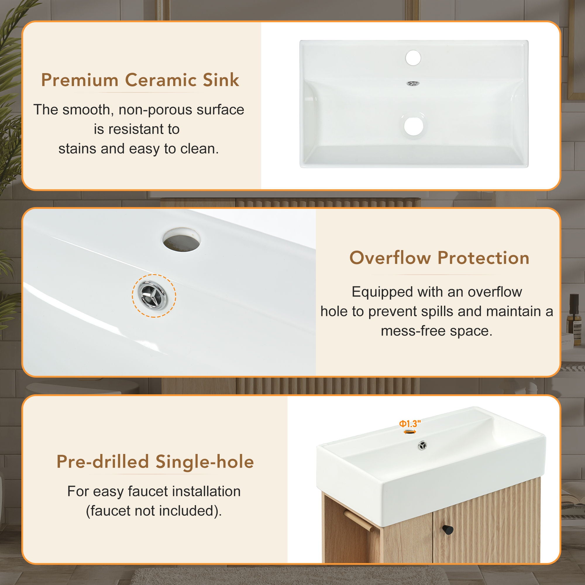 Bathroom Vanity With Sink, 21.6" Freestanding Wood Grain Cabinet With Storage Ideal For Small Bathrooms - Wood