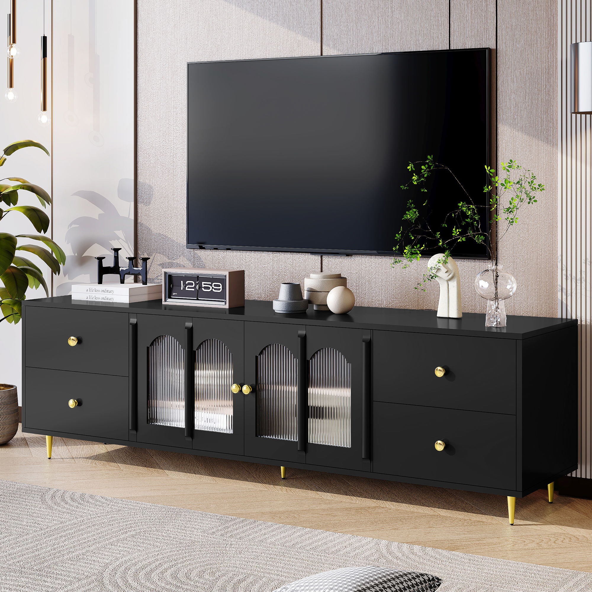 Modern TV Stand With Glass Door, 4 Drawers And 2 Cabinets