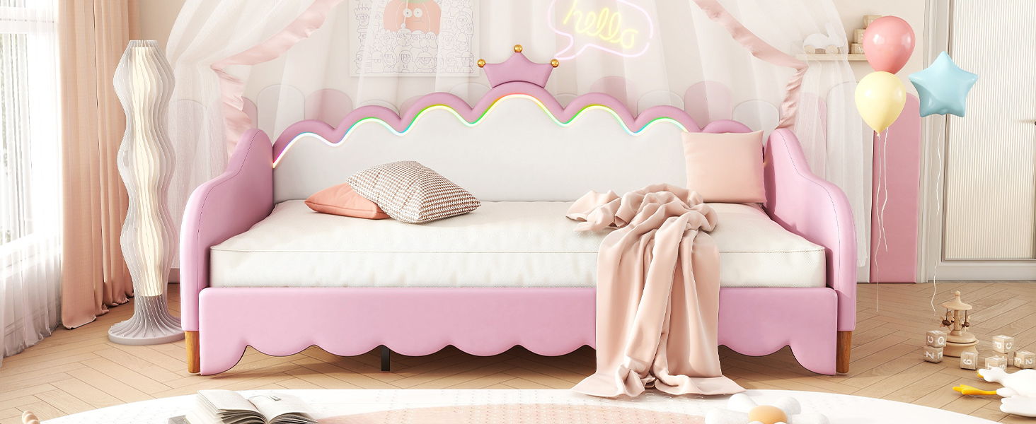 Extending Daybed With LED Lights, Modern Upholstered Princess Daybed With Crown Headboard