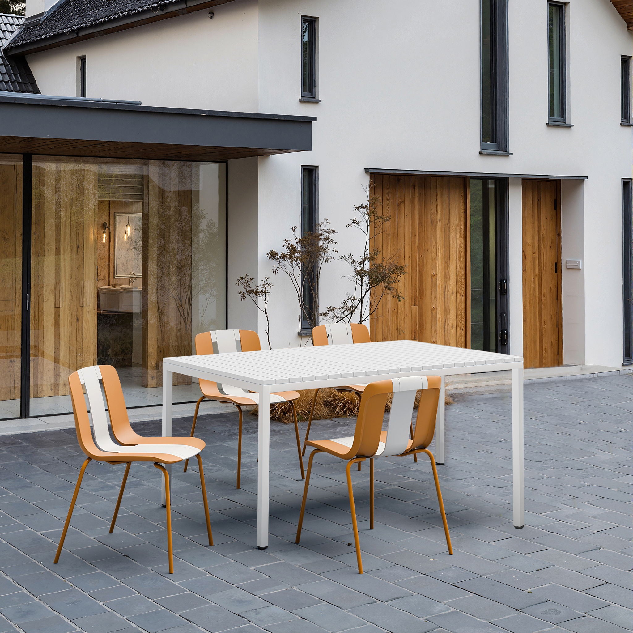 4 Piece Set Of Modern Striped Color- Blocking Single Chairs With Long Table