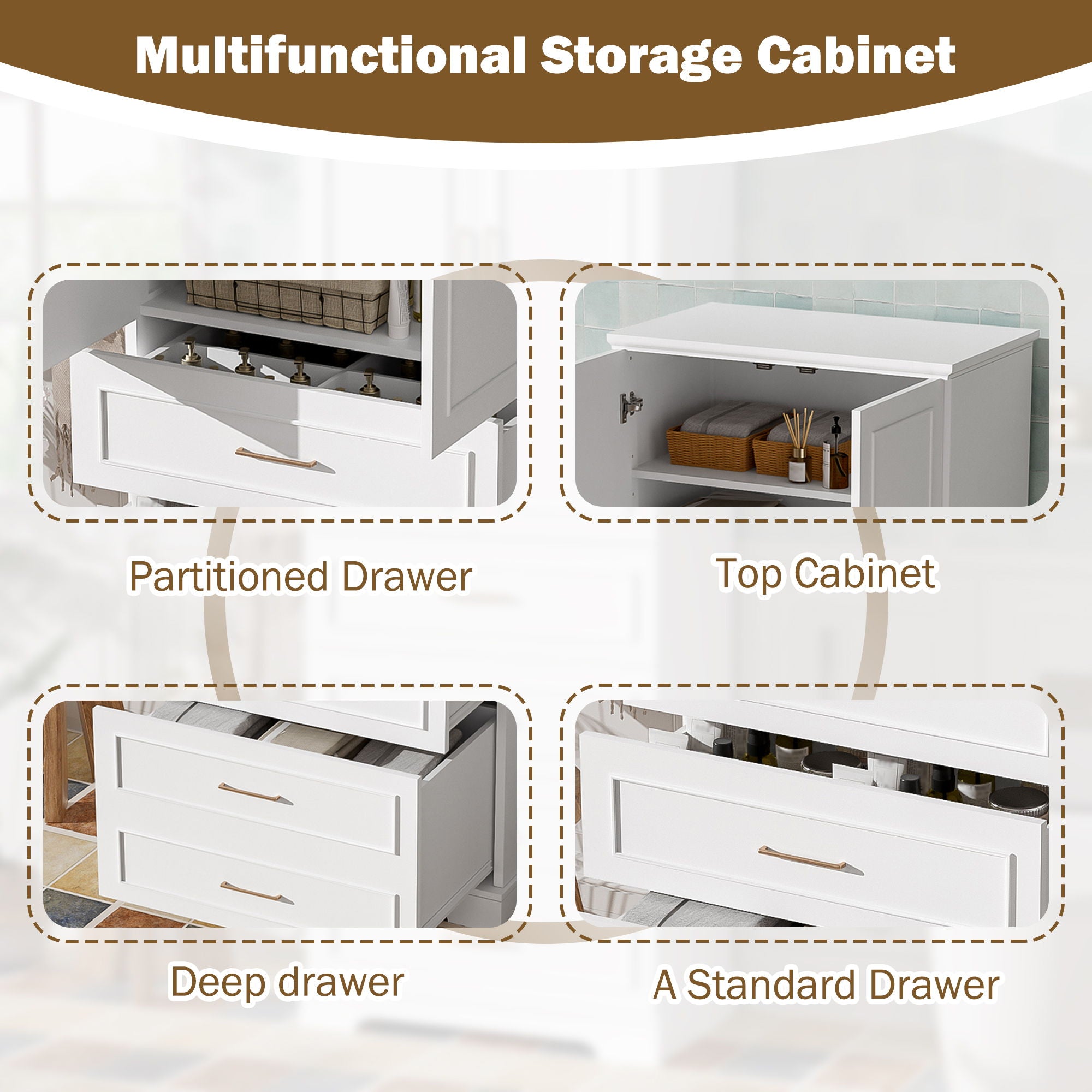 Freestanding Bathroom Cabinet With 3 Drawers, Adjustable Shelf, Soft Close Doors