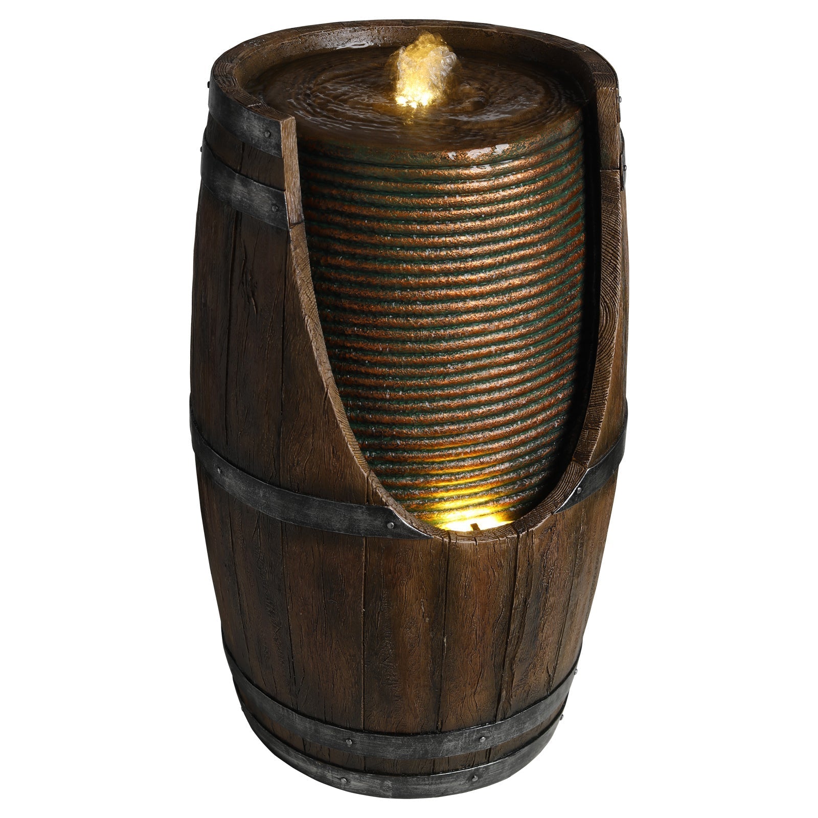 Outdoor Barrel Water Fountain with Lights Rustic Wood Look Resin