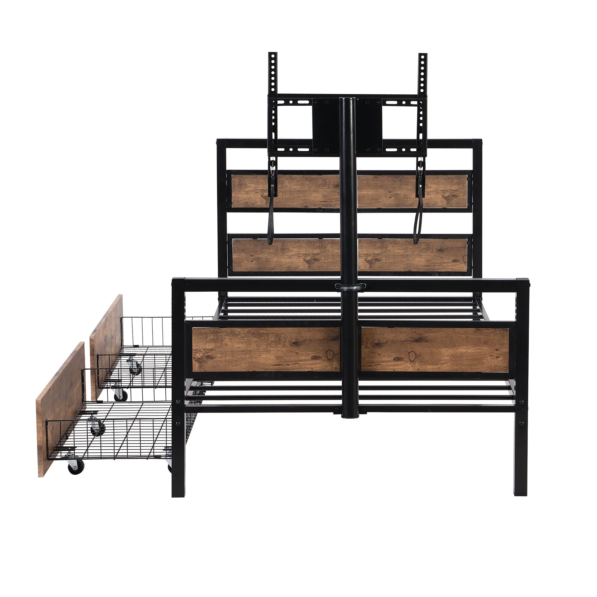 Twin Size Platform Bed With Headboard And Footboard, 2 Storage Drawers And Rotatable TV Stand - Black