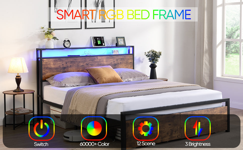 Bed frame with storage, led headboard, drawers & usb port