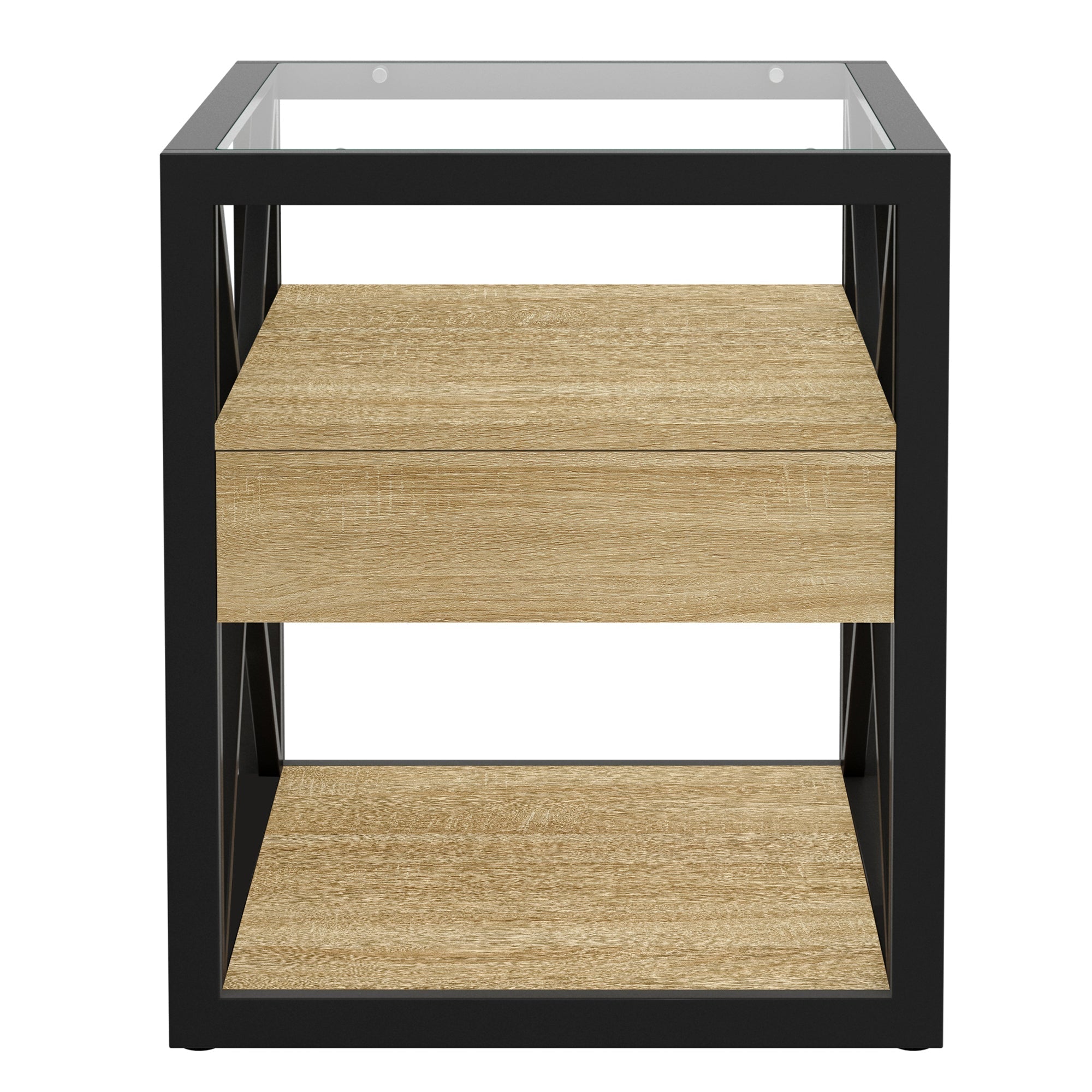 1 Piece Modern End Table with Drawer - Natural Wood & Tempered Glass