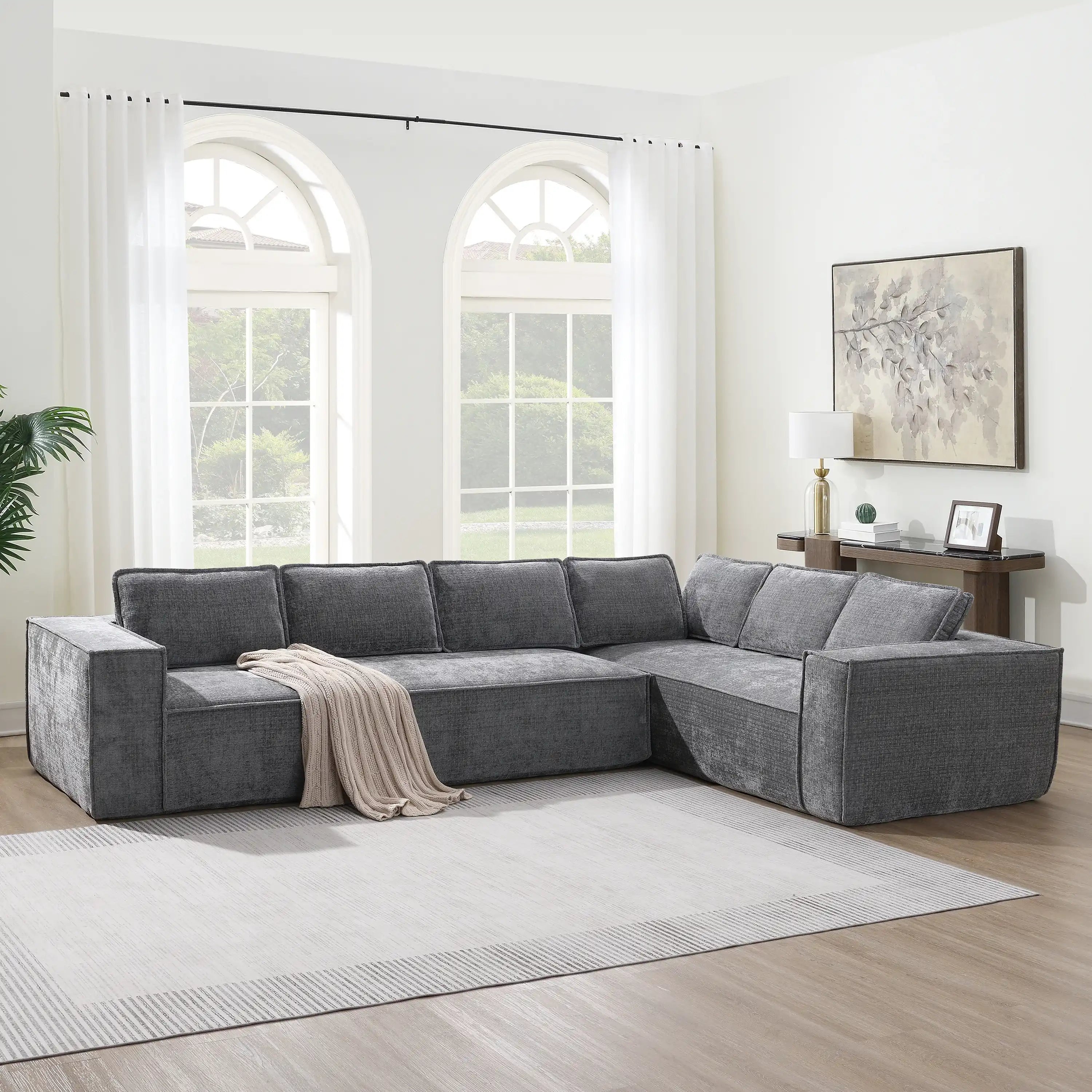 Minimalist Modular Sectional Sofa, 6 Seats, Modern Chenille, 3 Colors
