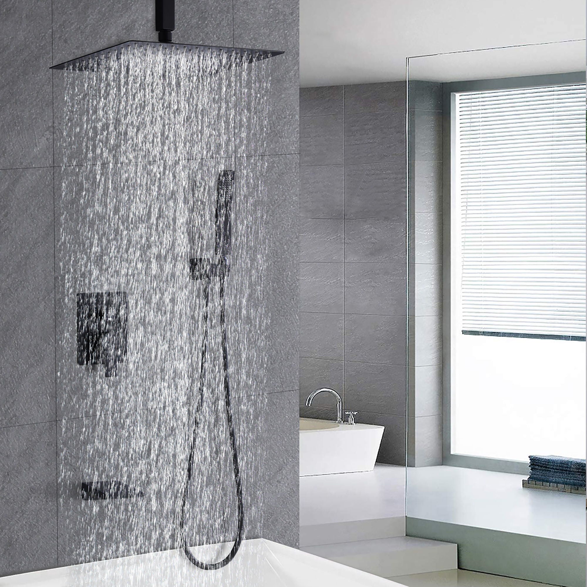 Contemporary Shower System With 12" Rainfall Head And Handheld Spray, Wall Mounted - Matte Black