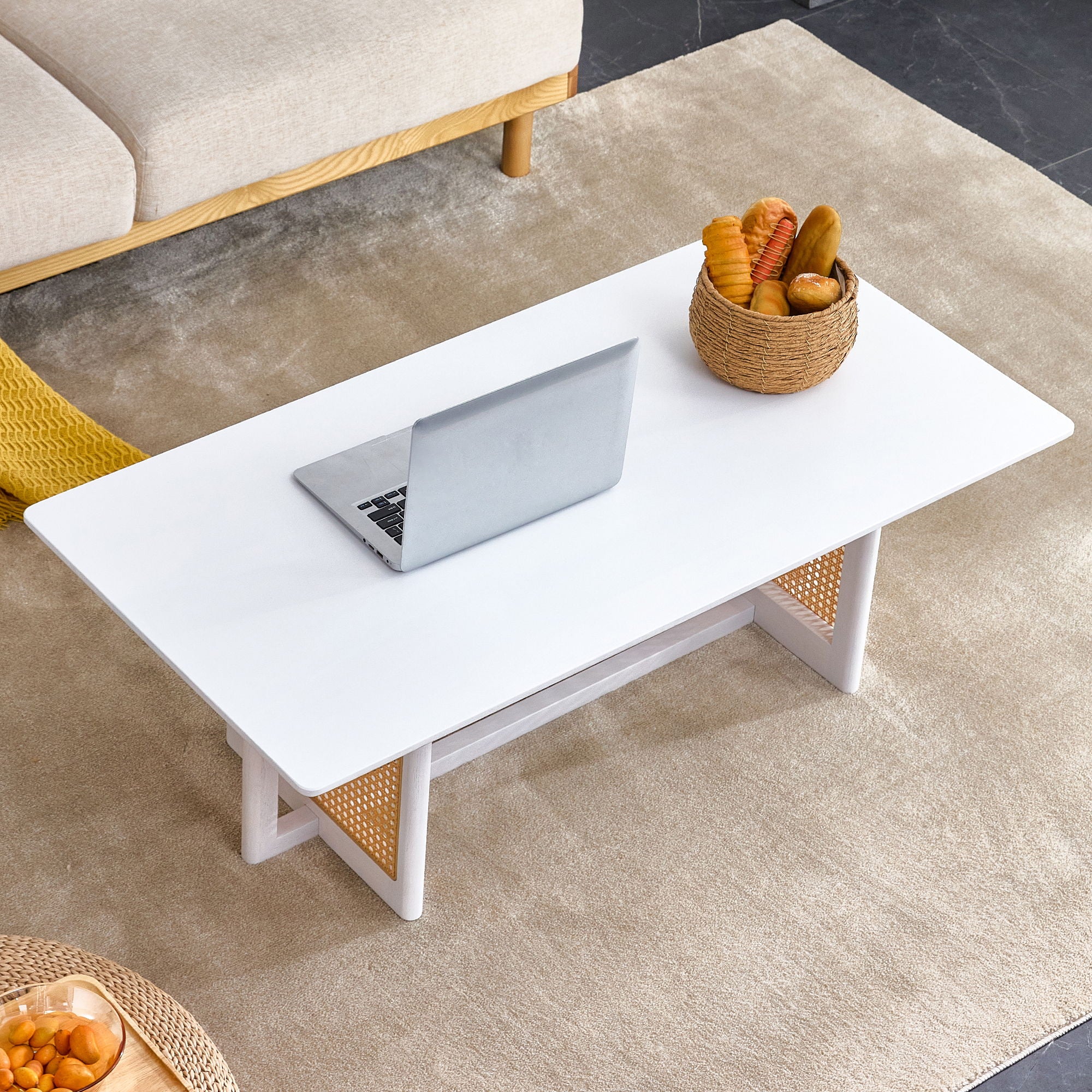 Chinese Style White Solid Wood And Imitation Rattan Coffee Table