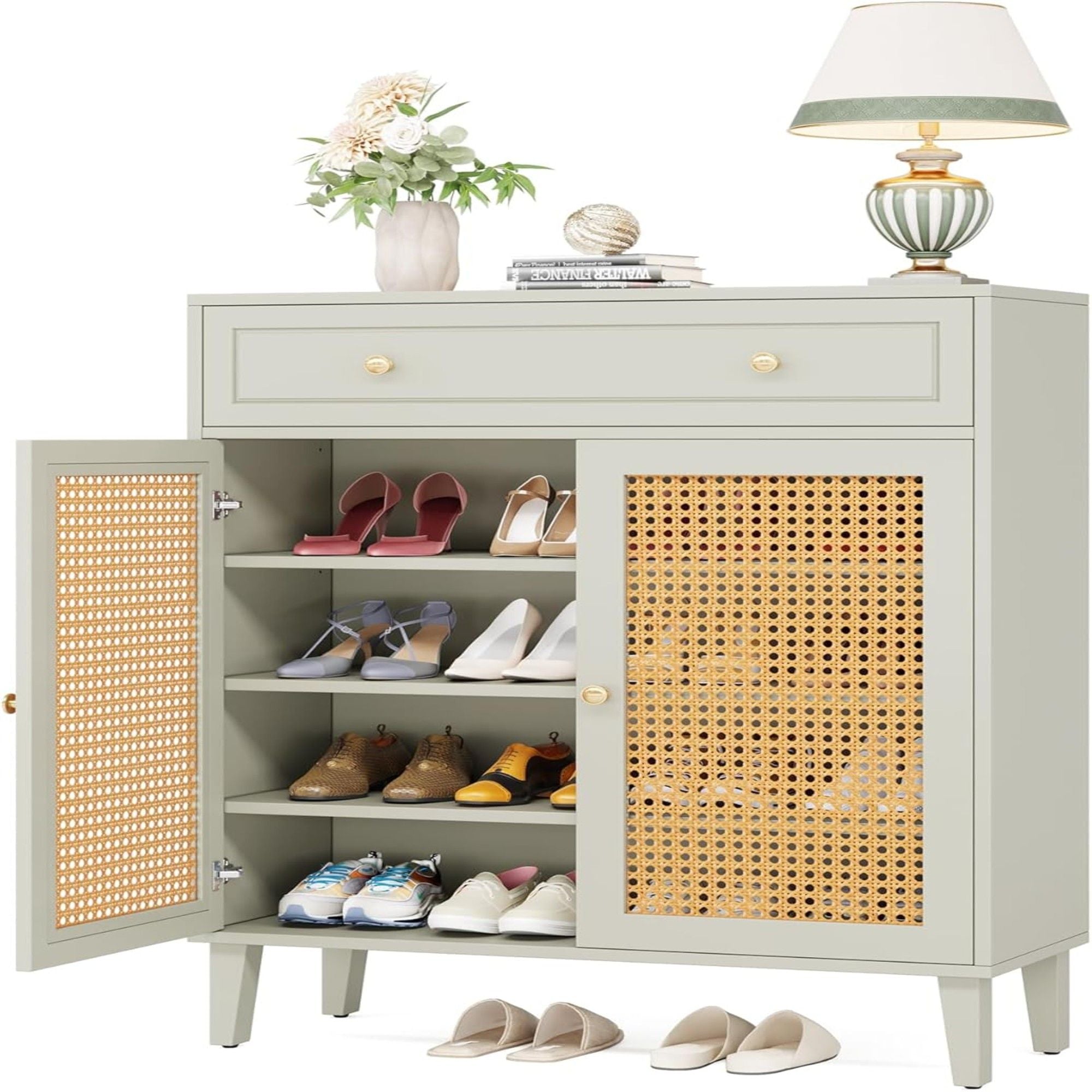 Shoe Cabinet With Rattan Doors And Drawer, 4 Tier Storage Organizer - Mint Green