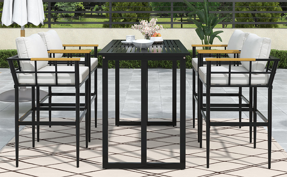 U_Style Iron Outdoor Dining Set with Acacia Wood Armrest