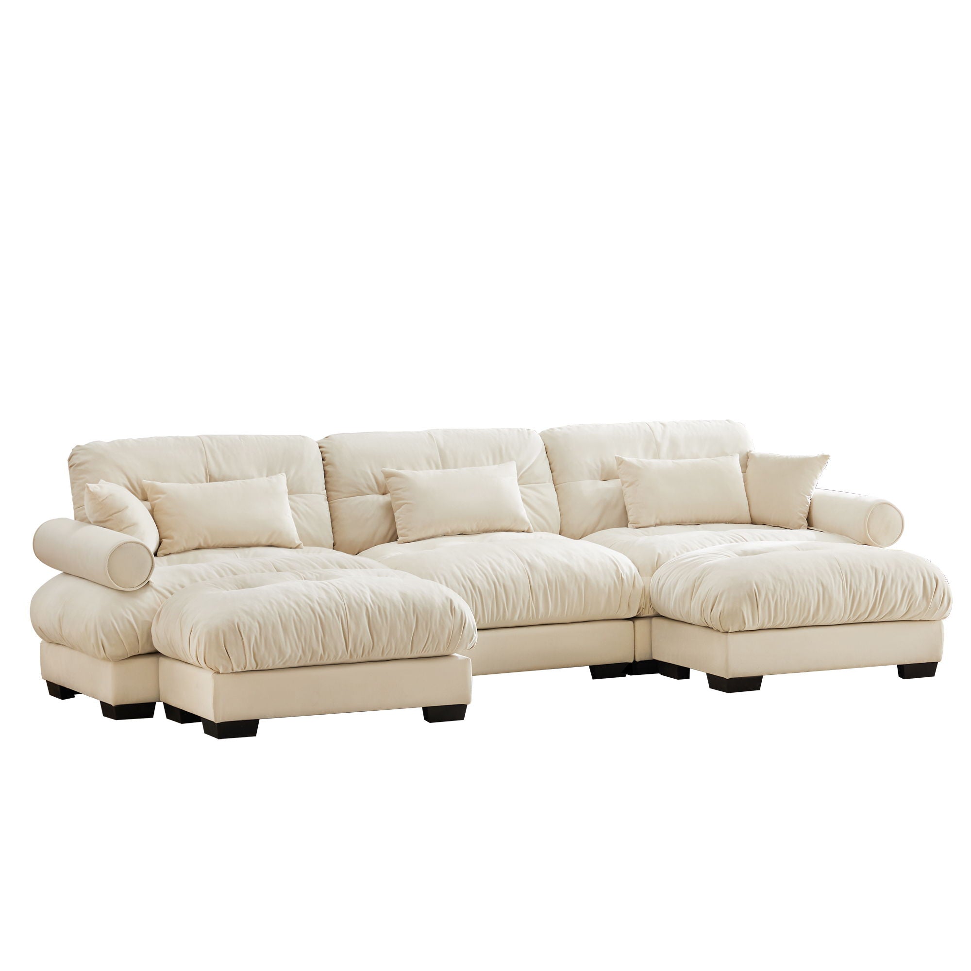 Modern Sectional Sofa With Ottoman, Round Bolster Armrests, Waist And Throw Pillows