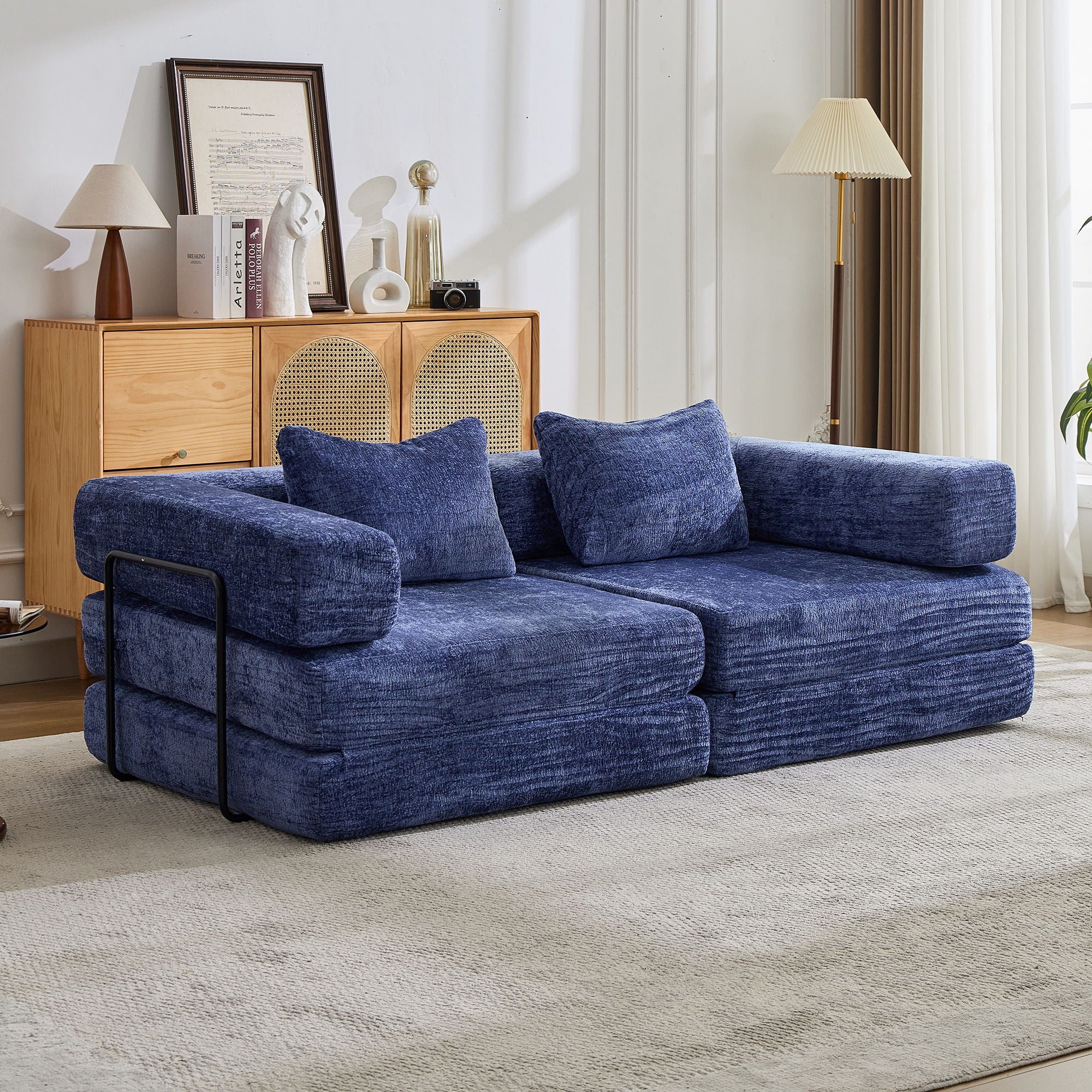 Convertible Floor Sofa Bed With Fixed Shape Frame, Loveseats Boneless Modular Sectional, For Living Room - Dark Blue