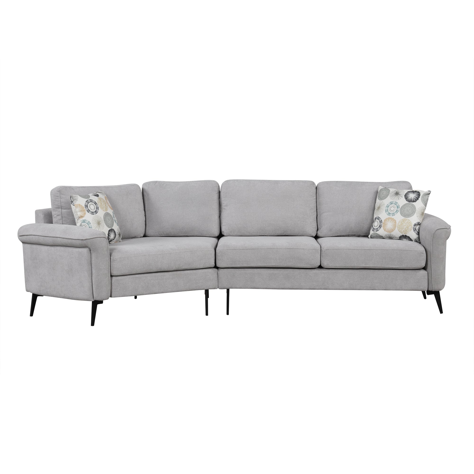 111" Upholstered 3-Seater Sofa with Curved Design and Two Printed Pillows