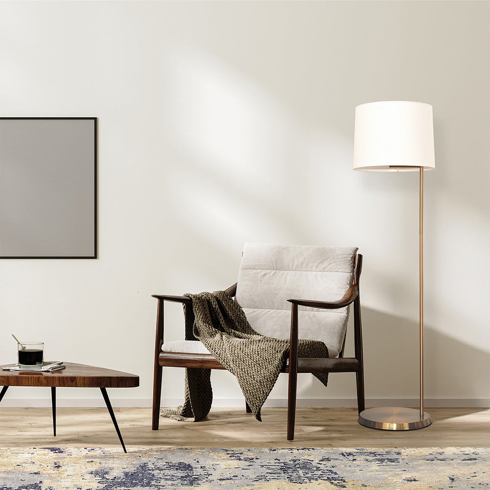 Zenith - Offset Base Floor Lamp With Drumshaped Linen Shade - Gold / White