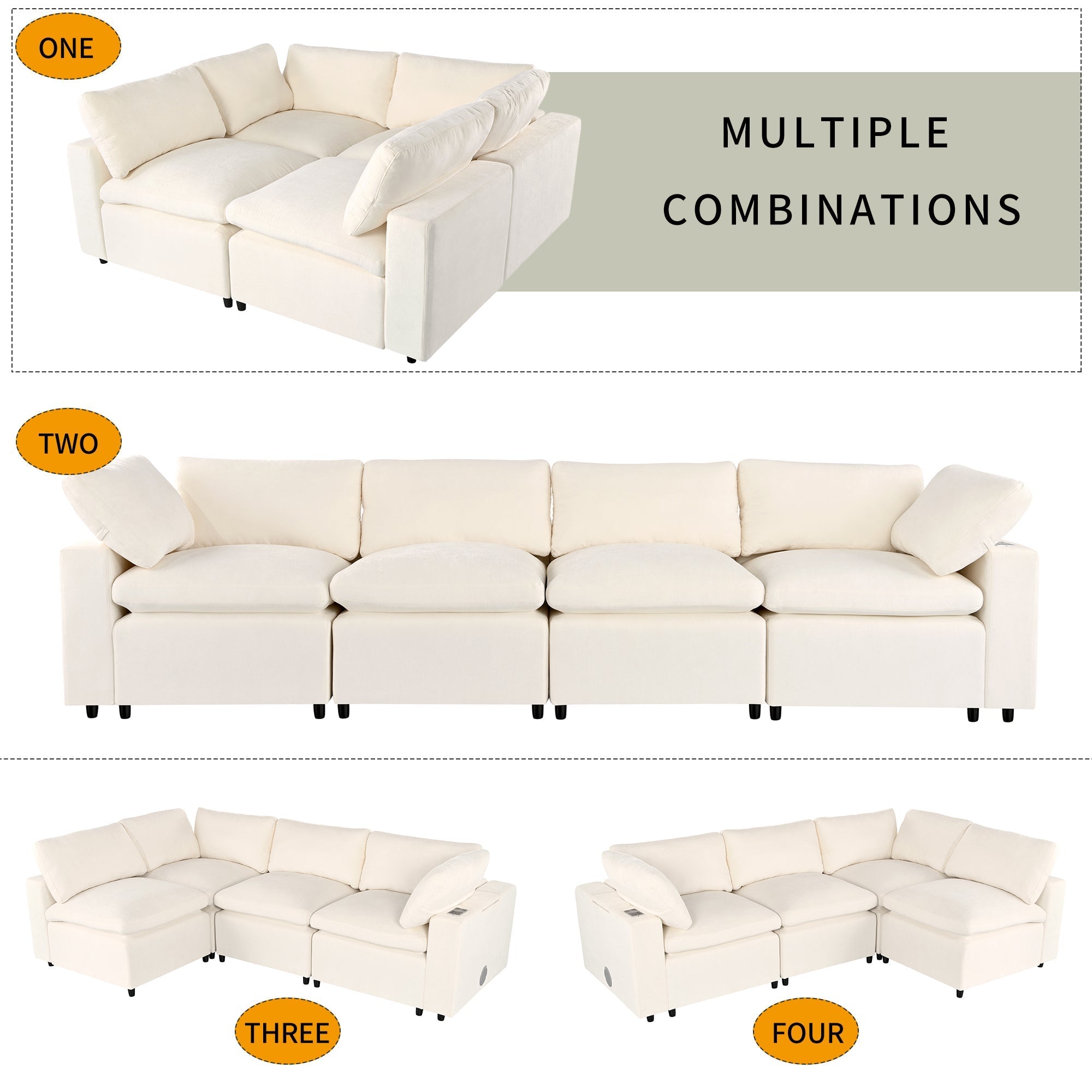 U-Style Upholstered Modular Sofa with Storage and Built-in Tech