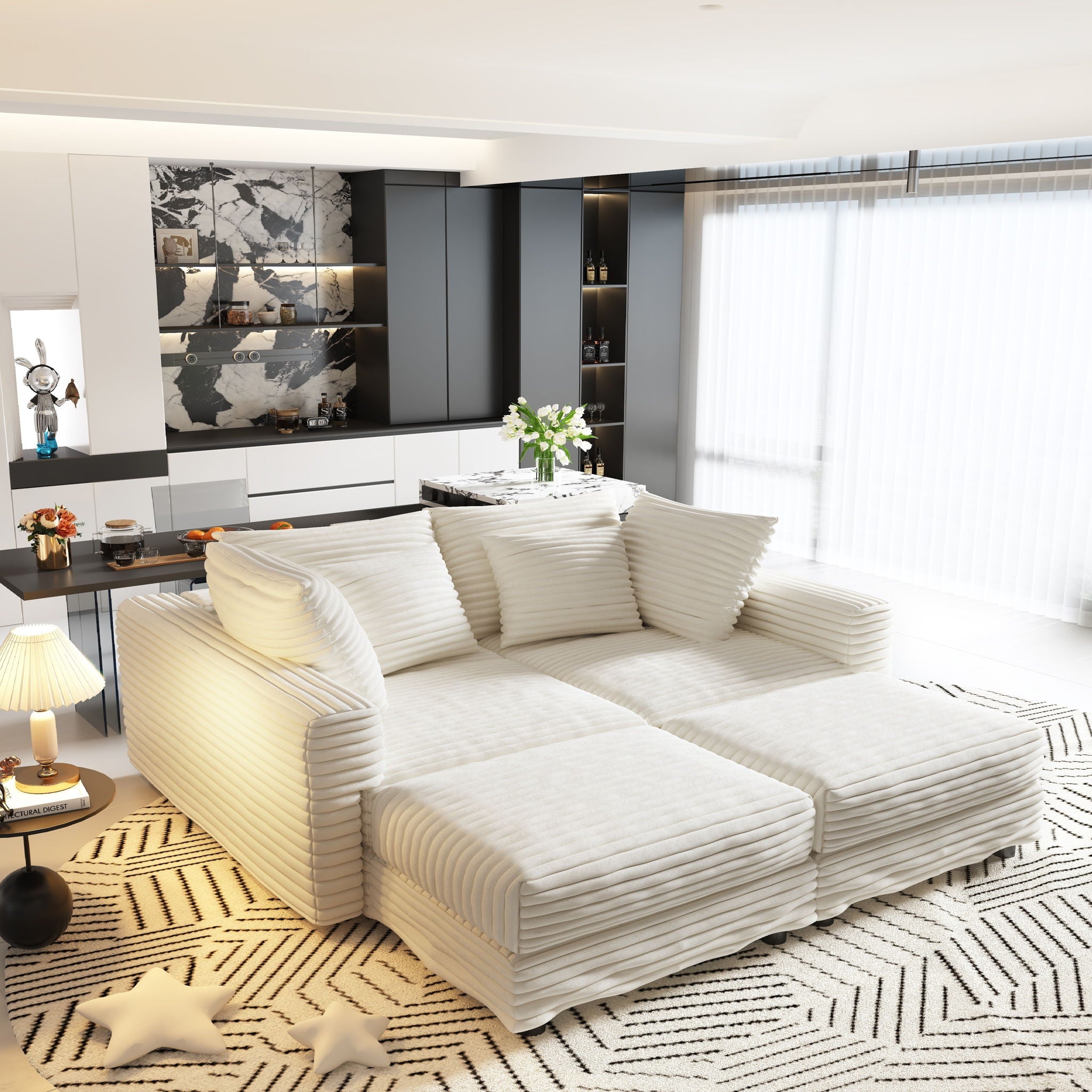 Deep Seat Convertible Sofa With Soft Pillows And Ottomans