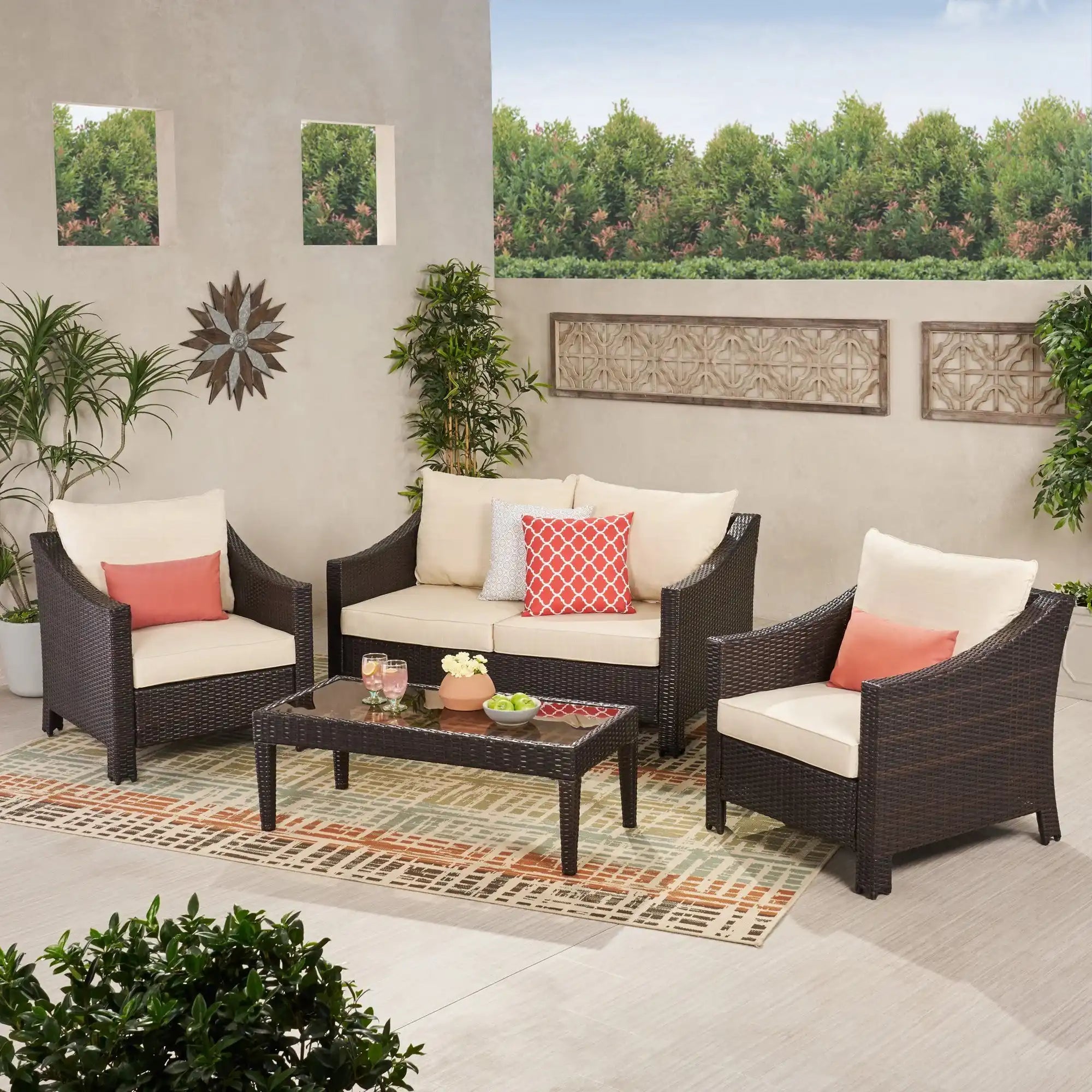 Antibes - 4 Pieces Wicker Chat Set - Brown / Beige
