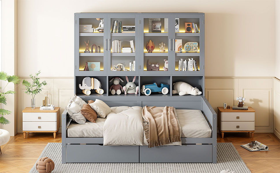 Daybed With Glass Door Storage Cabinets, Built In LED Lighting And Shelves