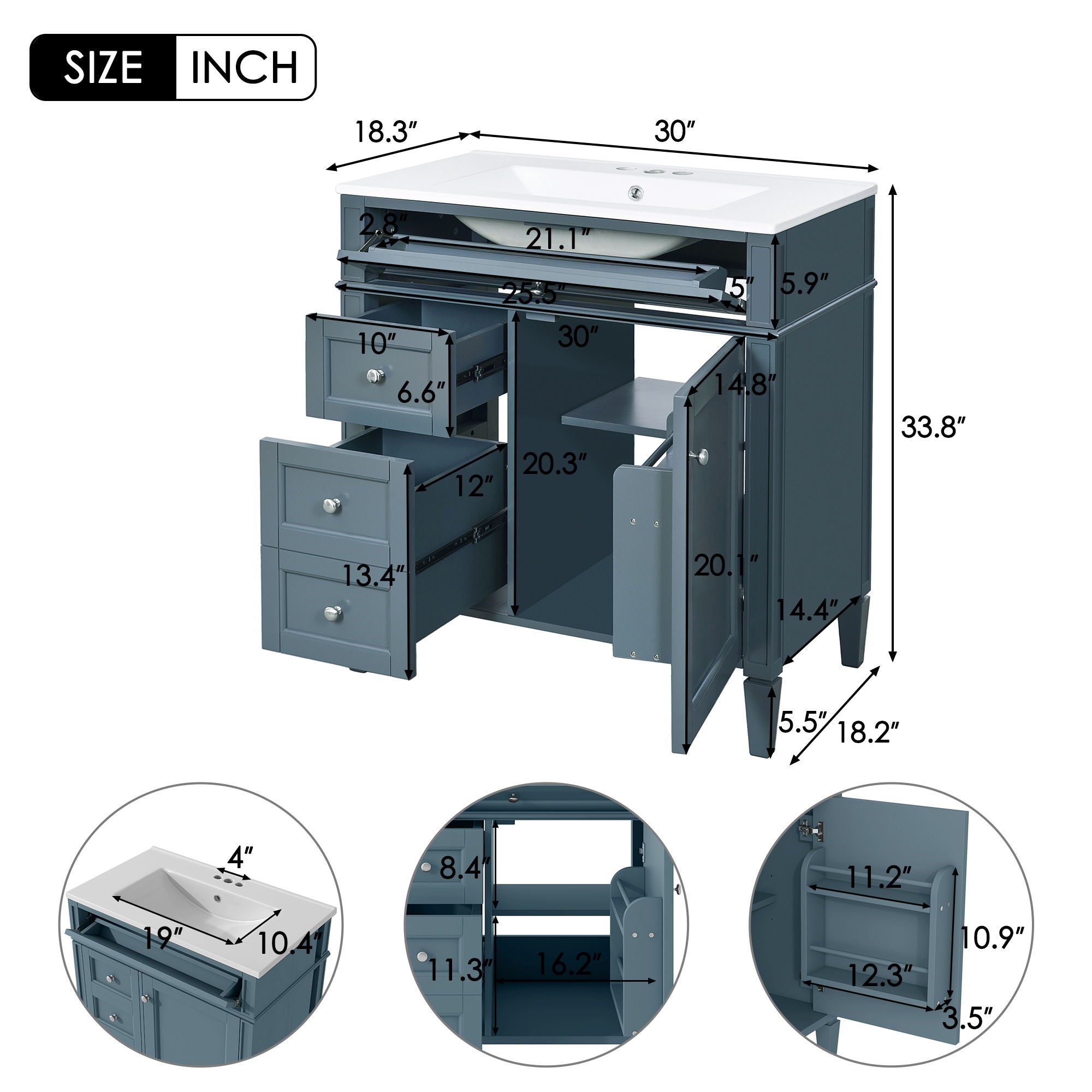 Bathroom Vanity With Top Sink, Storage Cabinet With 2 Drawers And Tip Out Drawer, Rectangular Design - Blue