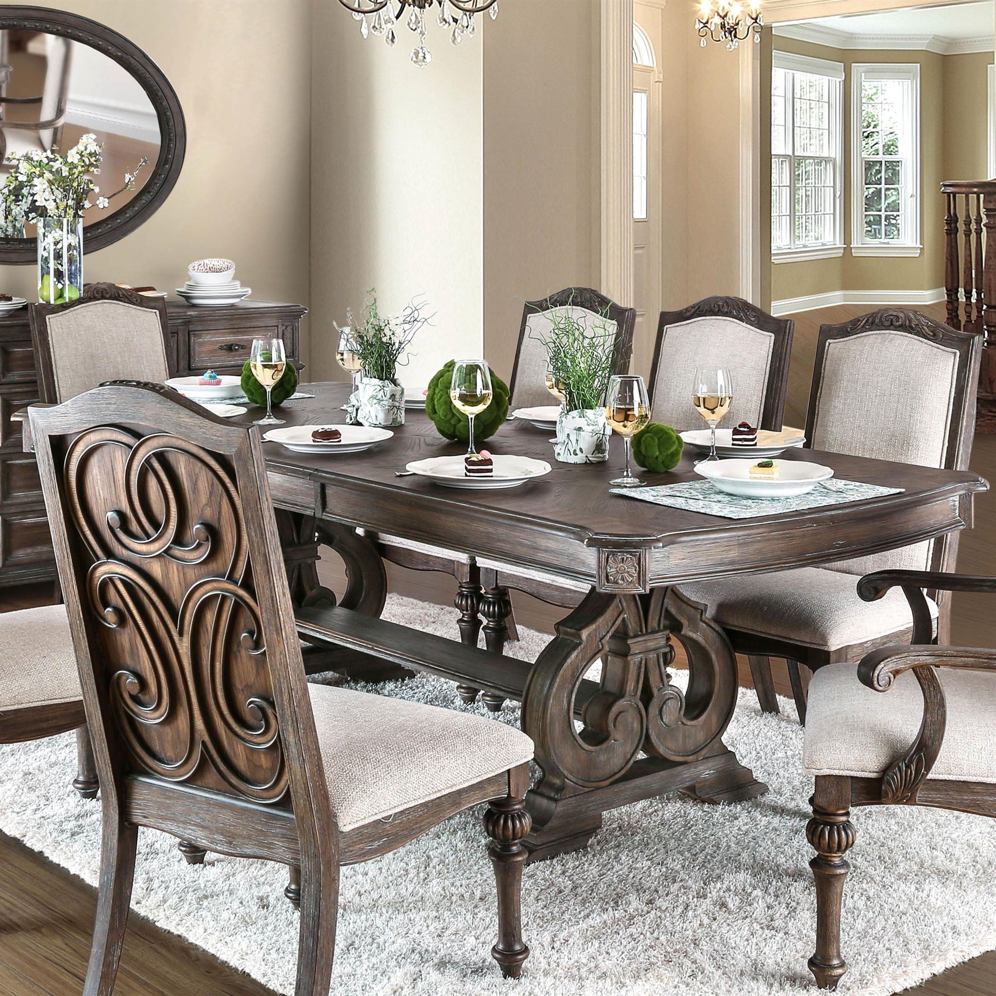 Dining Table Set With Expandable Leaf, 9 Piece Upholstered Chairs - Ivory / Natural / Natural / Rustic