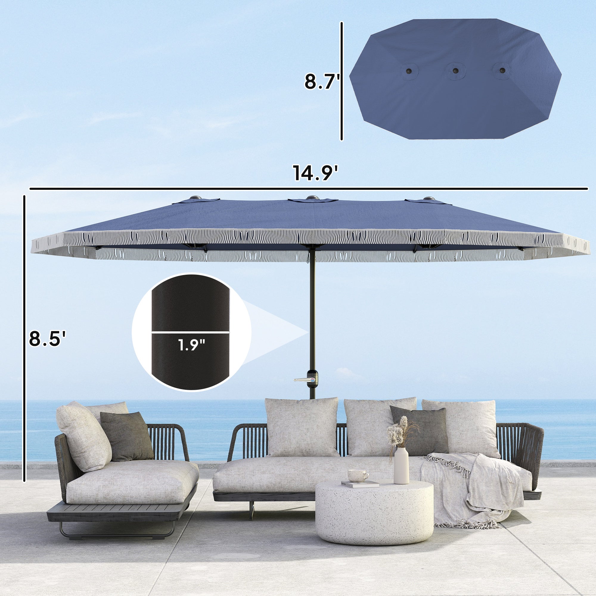 Spacious Extra Large Outdoor Umbrella, Rectangle Patio Umbrella, with Fringe and Crank Handle
