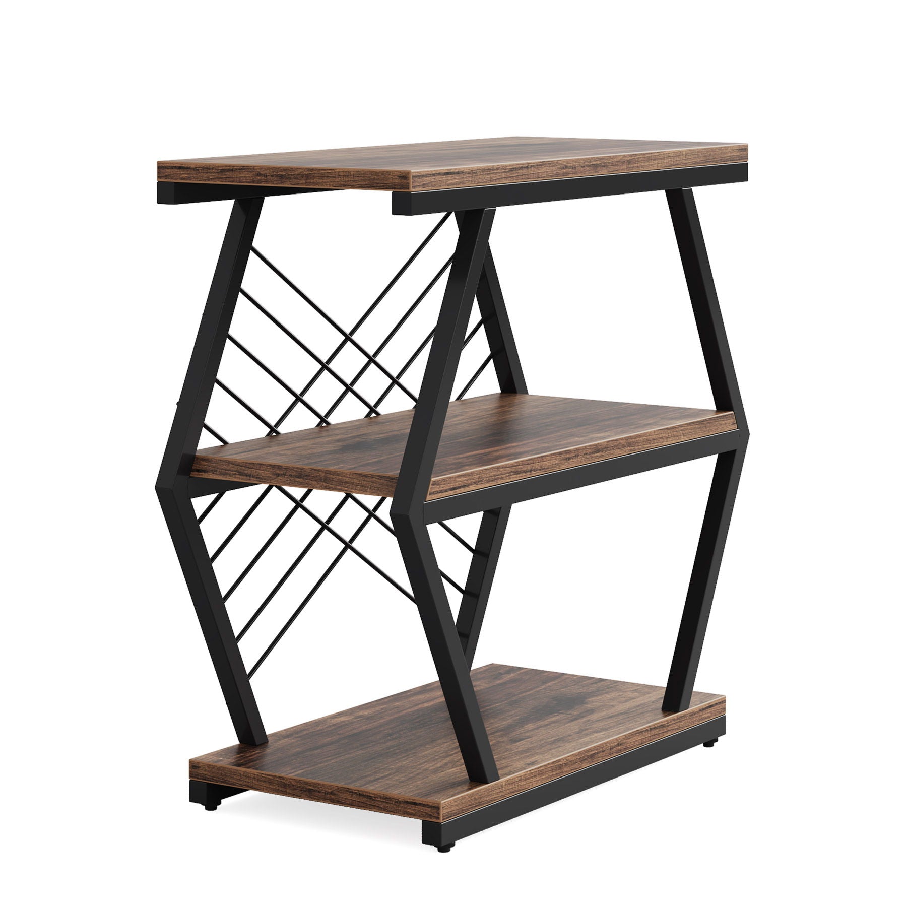 3 Tier End Table Frame With Geometric Design For Living Bedroom - Rustic Brown