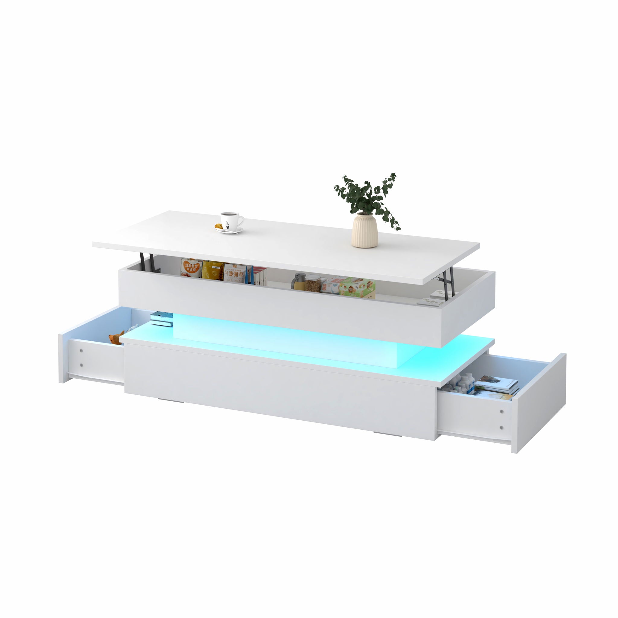 Contemporary Foldable Coffee Table With Drawers And LED, 3 Tier Design