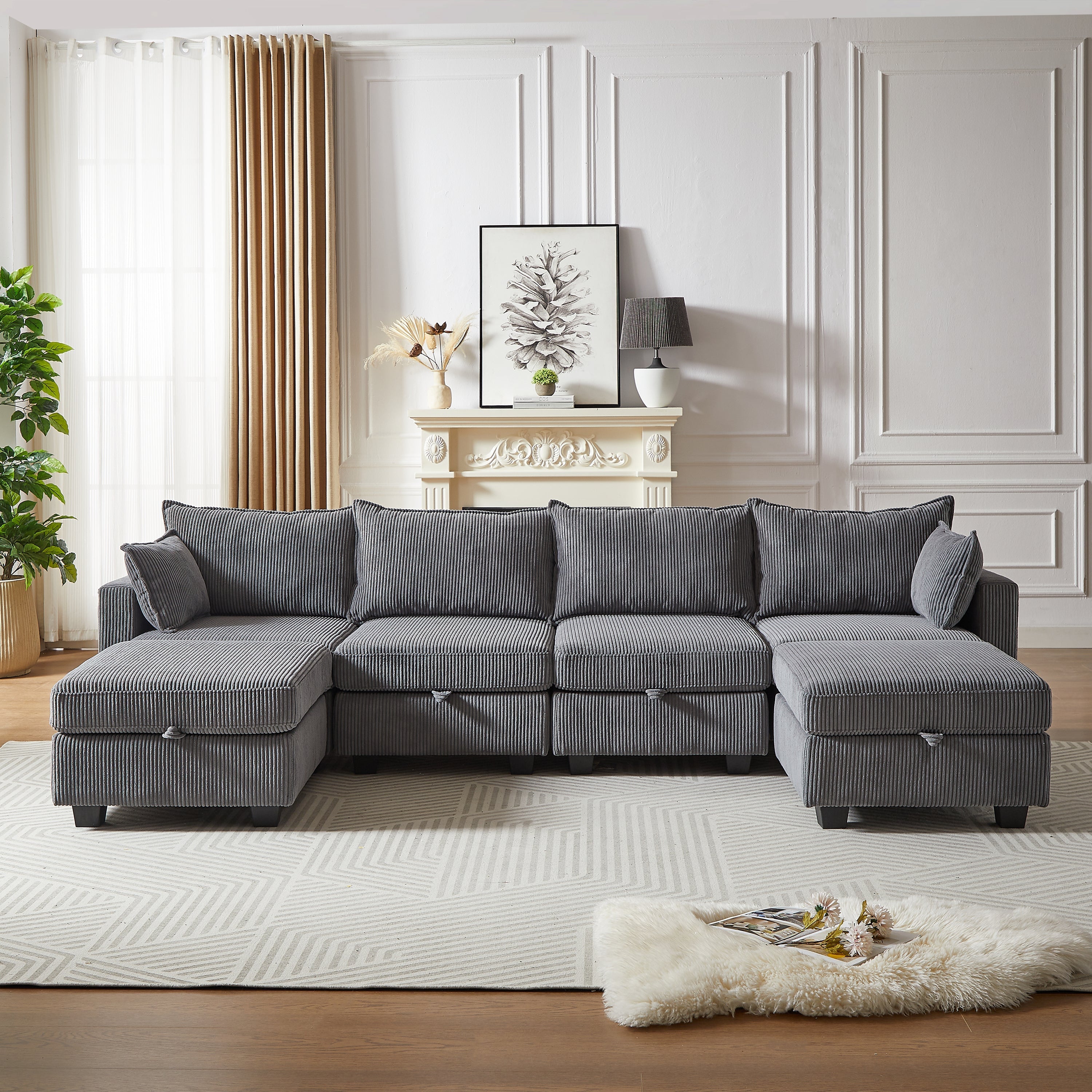 113.5'' Modular Sectional Corduroy Sofa with Storage Ottoman