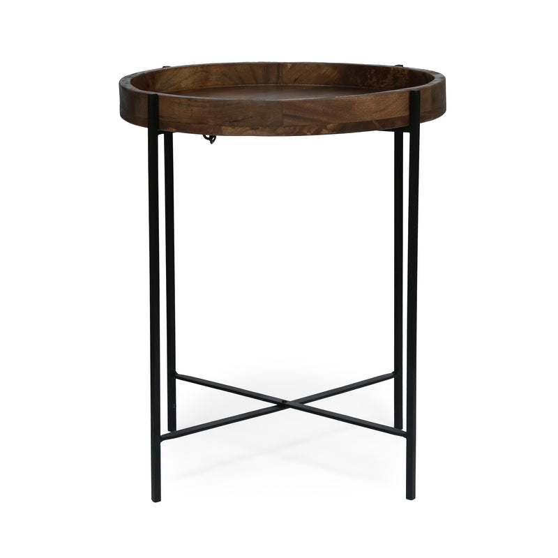 Modern Industrial Round End Table with Tray Top and Foldable Iron Legs in Natural Mango Wood - Best Buy Furniture