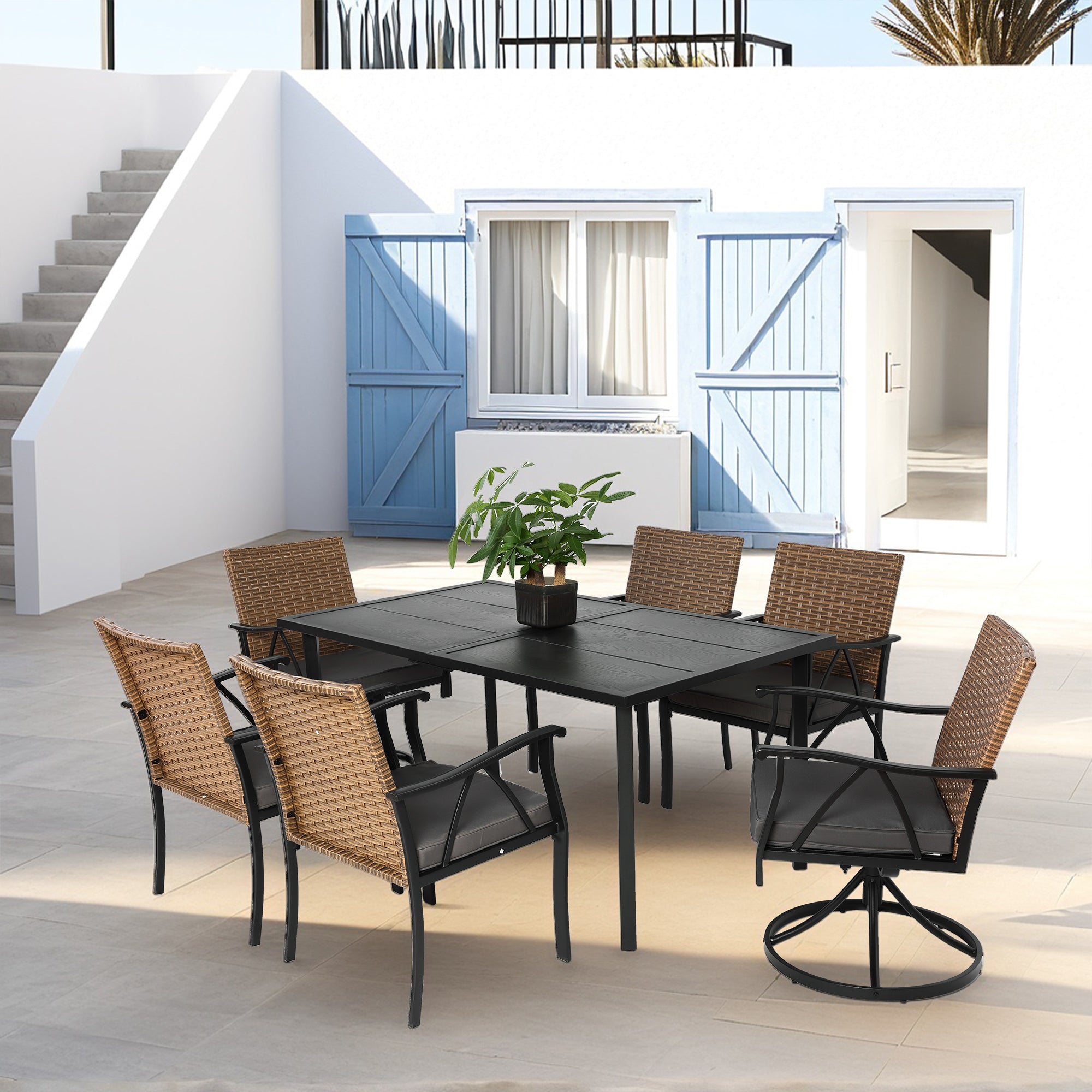 7 Piece Wicker Patio Dining Set with Cushions, Outdoor Furniture