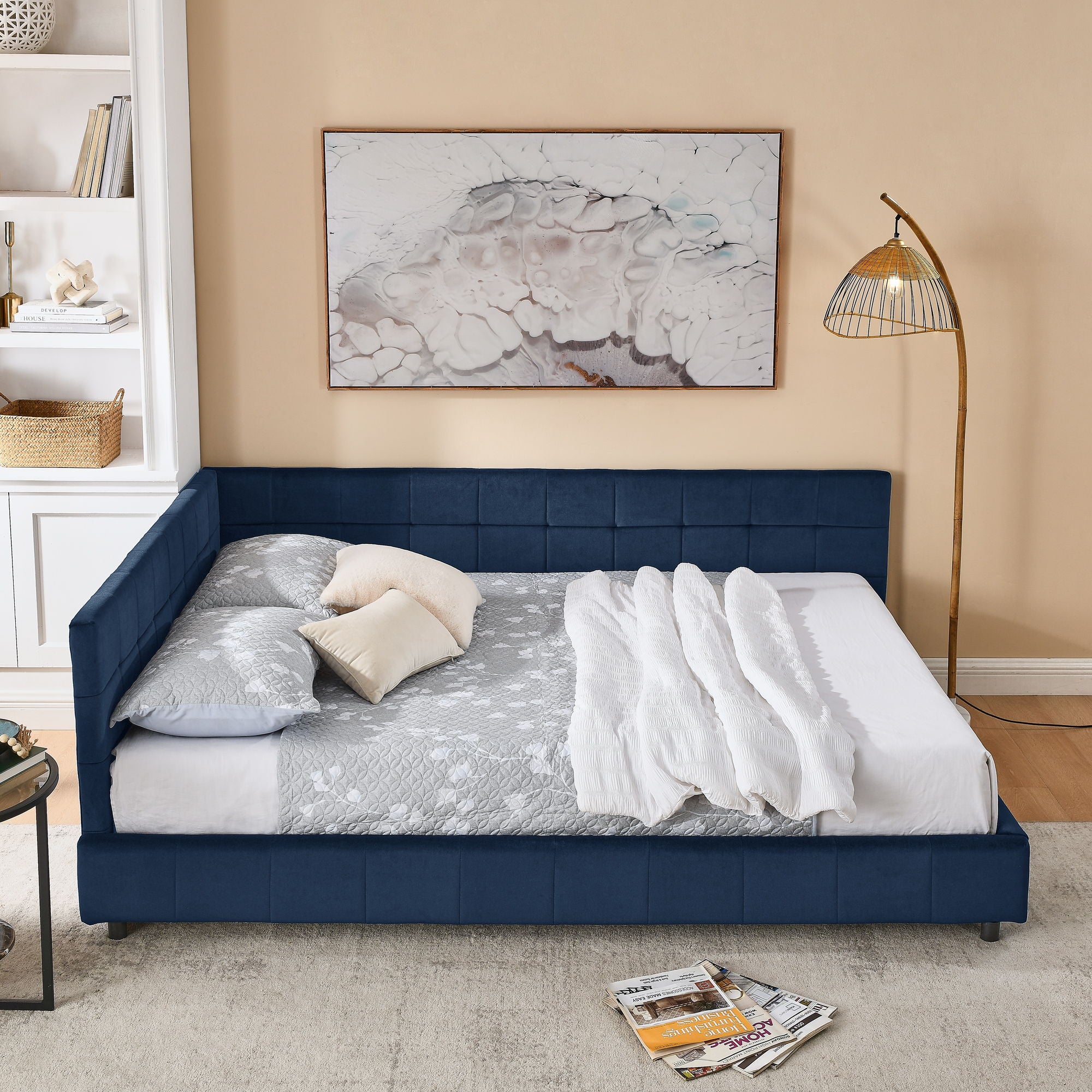 Mid-Century Storage Upholstered Tufted Bed Frame With Backrest And Armrests