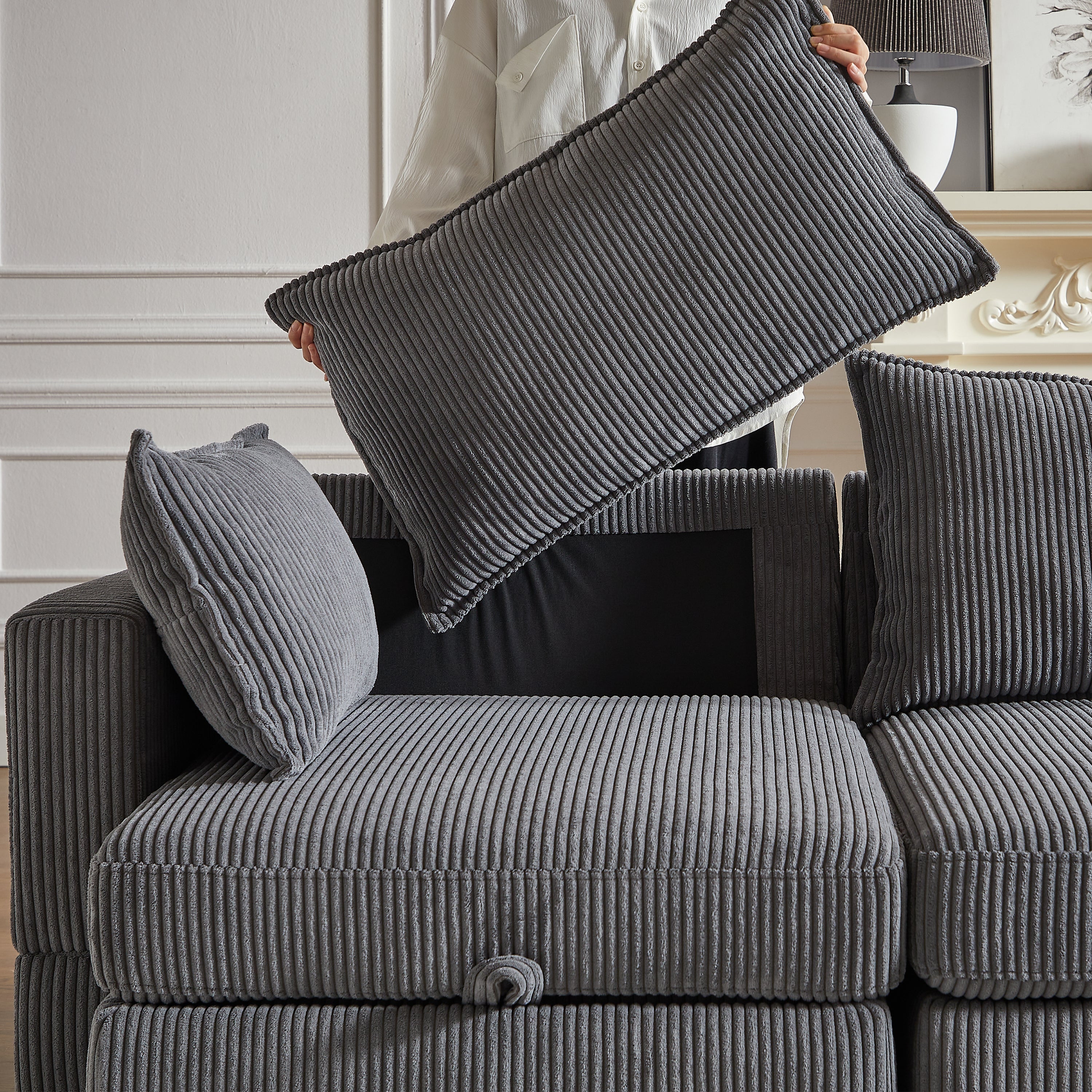 113.5'' Modular Sectional Corduroy Sofa with Storage Ottoman