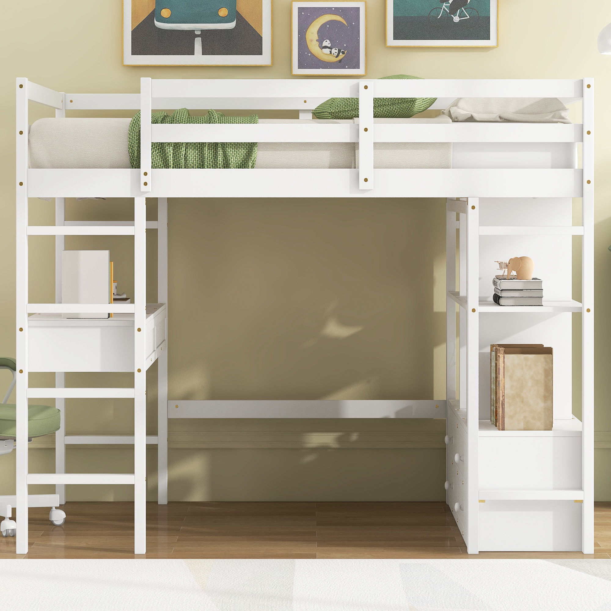 Full Size Loft Bed With Built In Desk, 2 Drawers, Storage Shelves - White