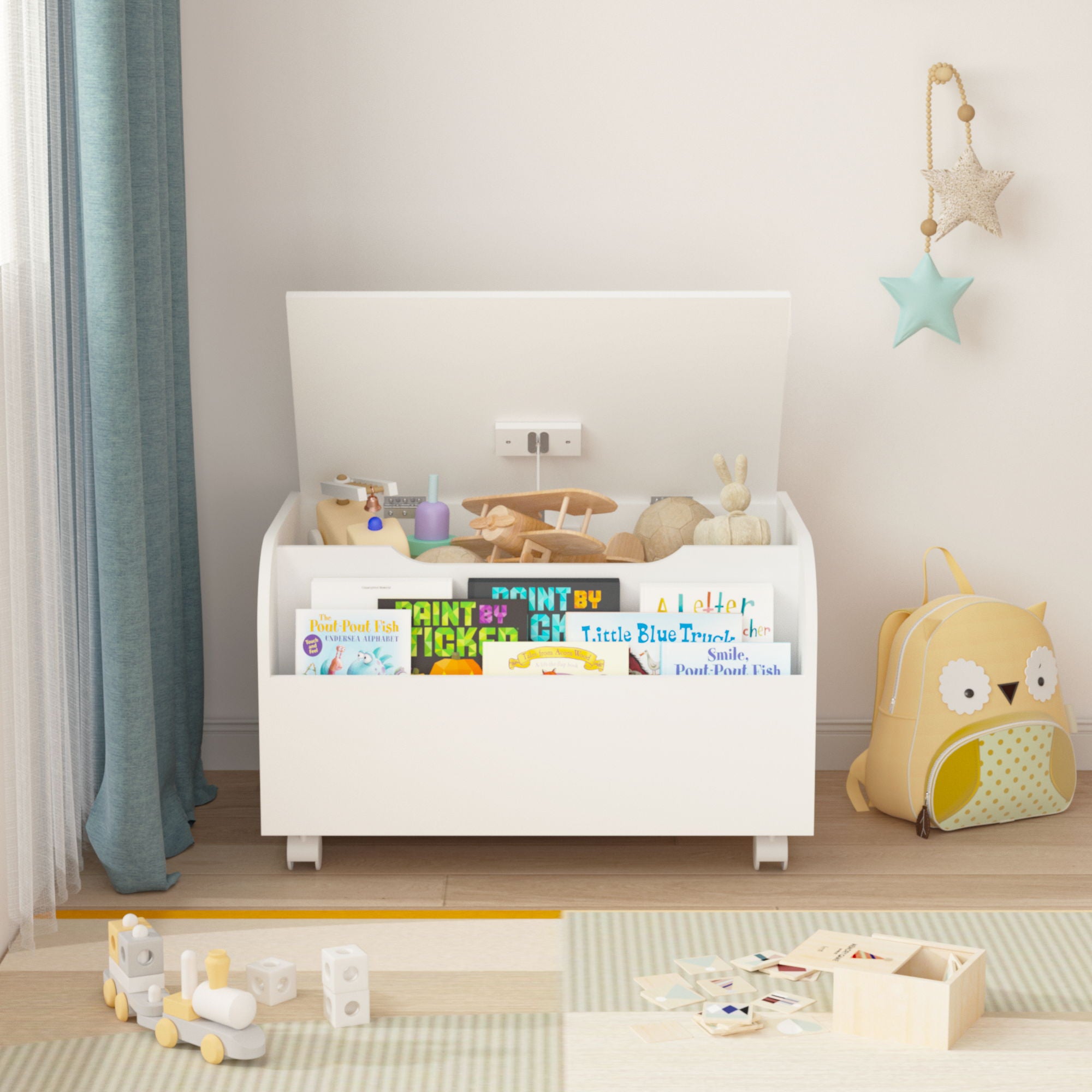 Toy Box With 4 Universal Wheels, Kids Playroom Storage Organizer With Front Bookshelf, Flip Top Lid, Safety Hinge - White