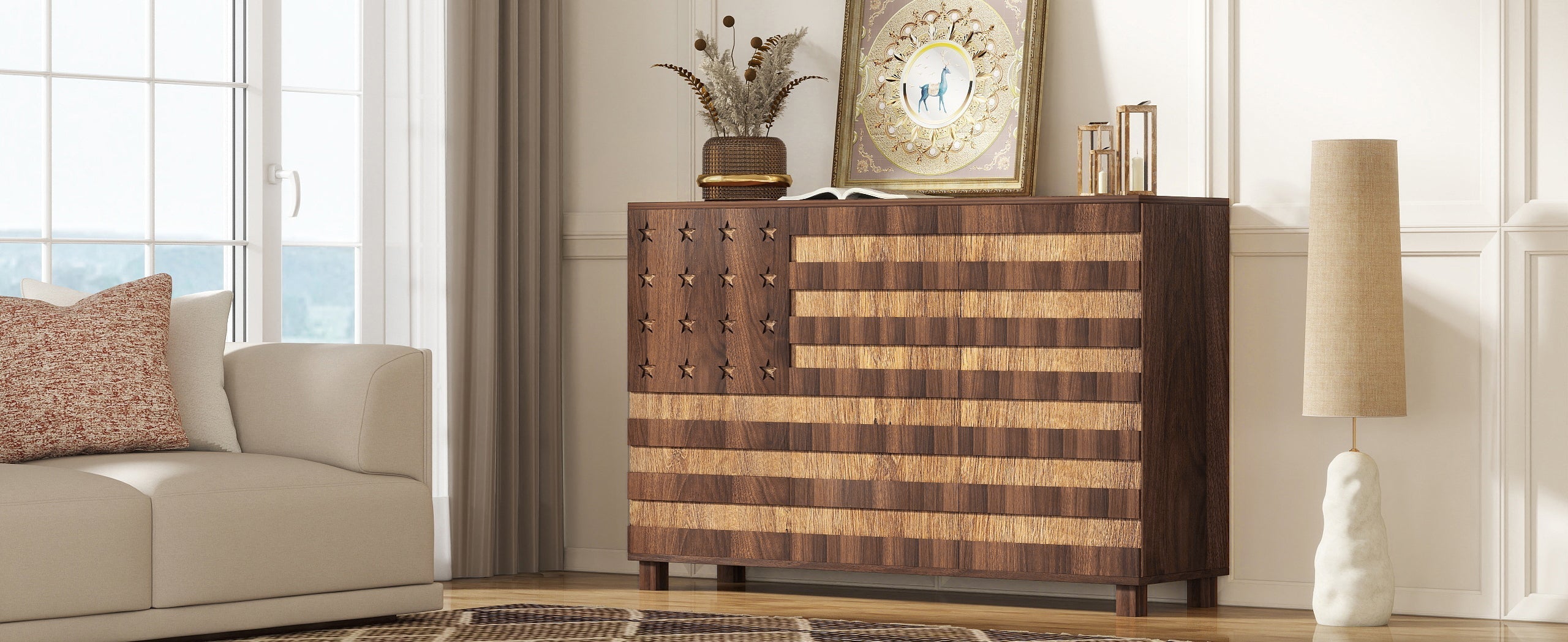 55-Inch Walnut Buffet Sideboard Cabinet with Storage