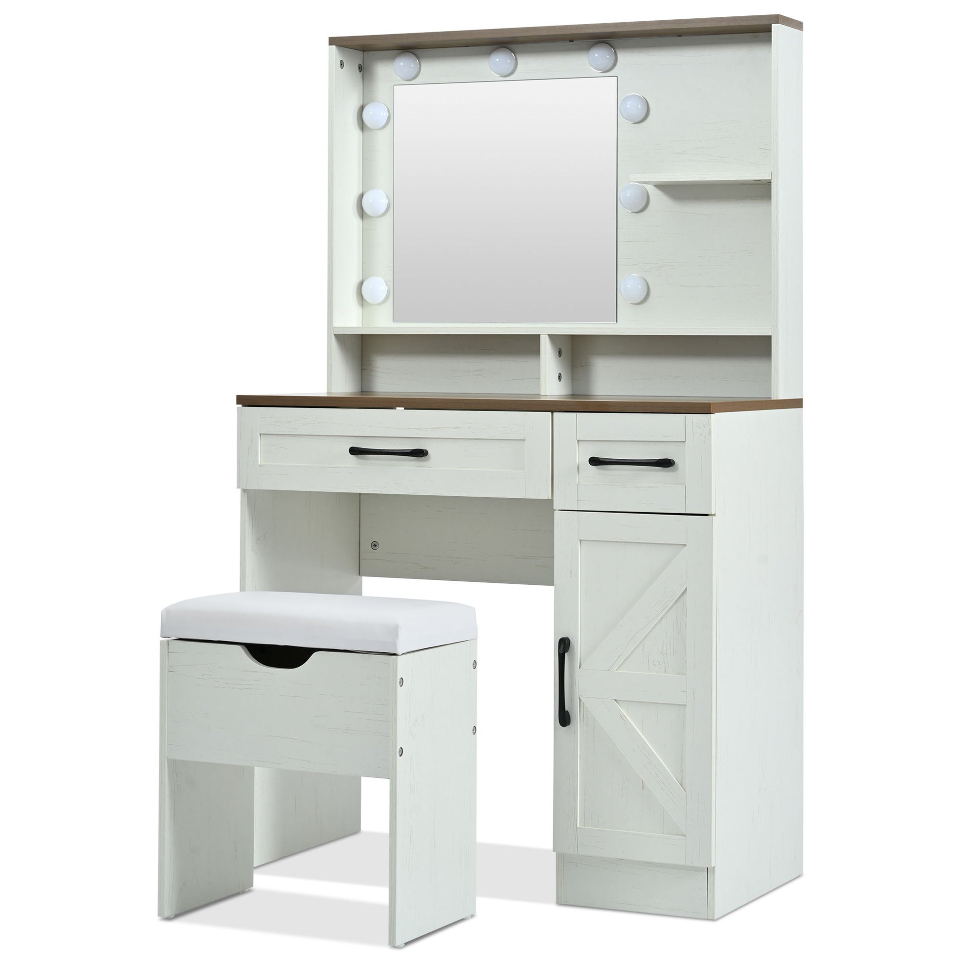 Farmhouse Makeup Vanity Desk With Mirror And Lights, 3 Lighting Modes, Vanity Set With Stool, Dressing Table With Adjustable Shelves, 2 Drawers And Side Cabinet For Bedroom - White - Best Buy Furniture