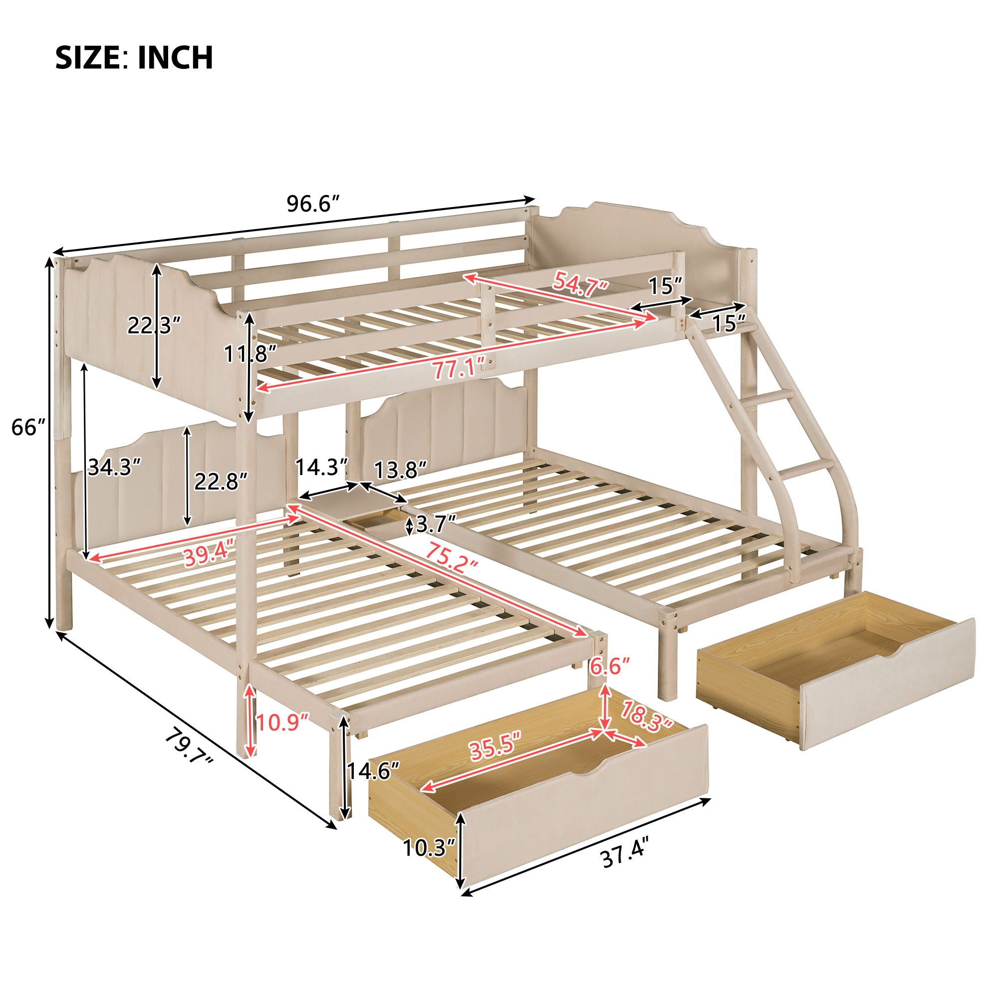 Bunk Bed, Triple Bed With Drawers And Guardrails
