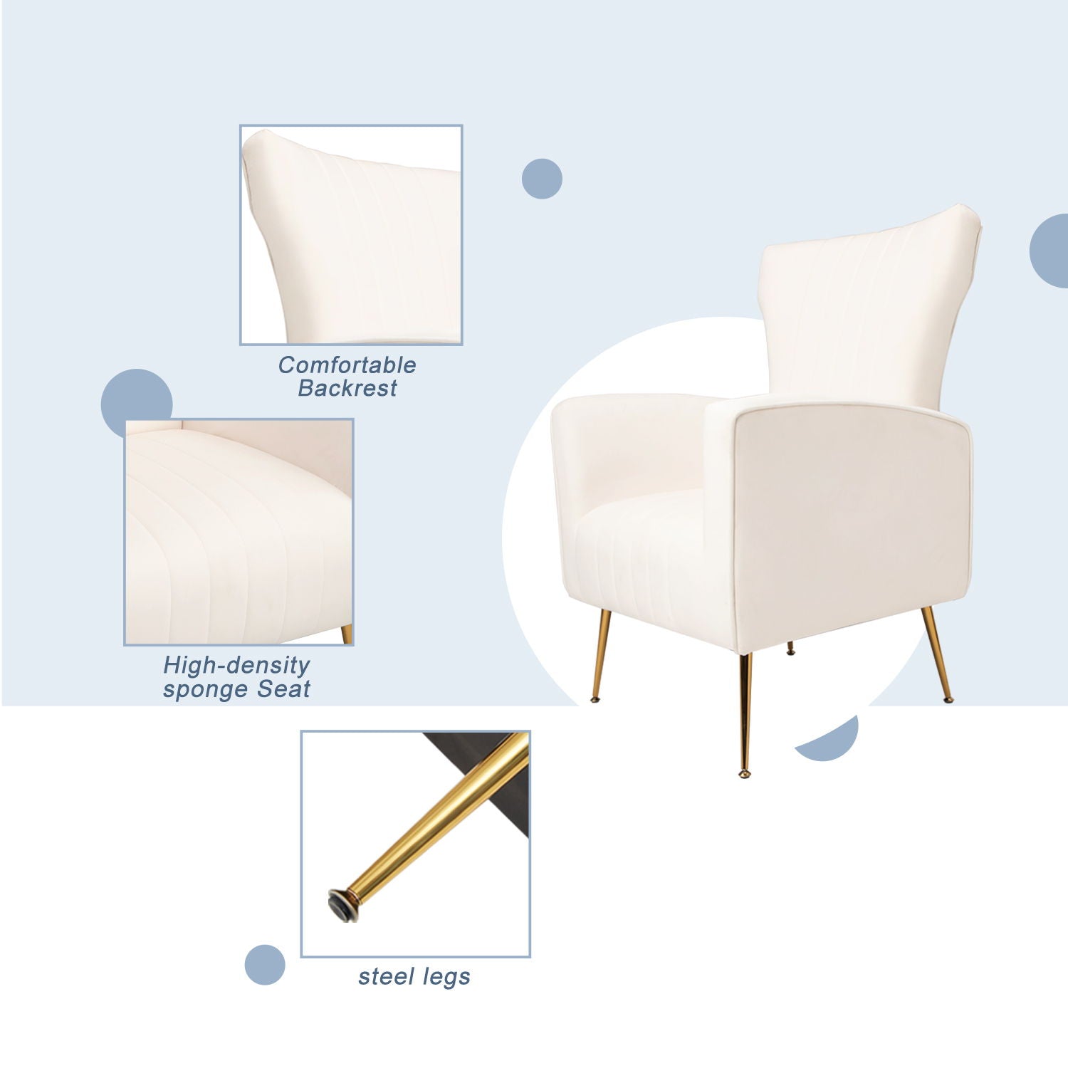 Velvet Wingback Accent Chair With Legs, Upholstered Single Sofa - White