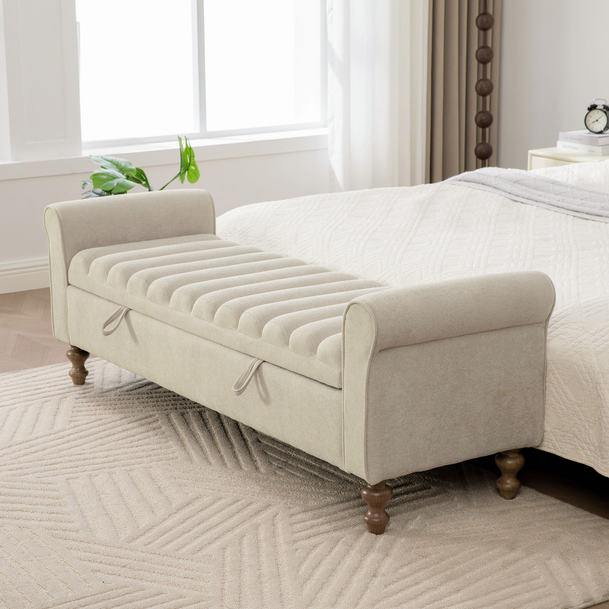 Wide Upholstered Storage Bench With Rolled Armrest For Bedroom - Griege